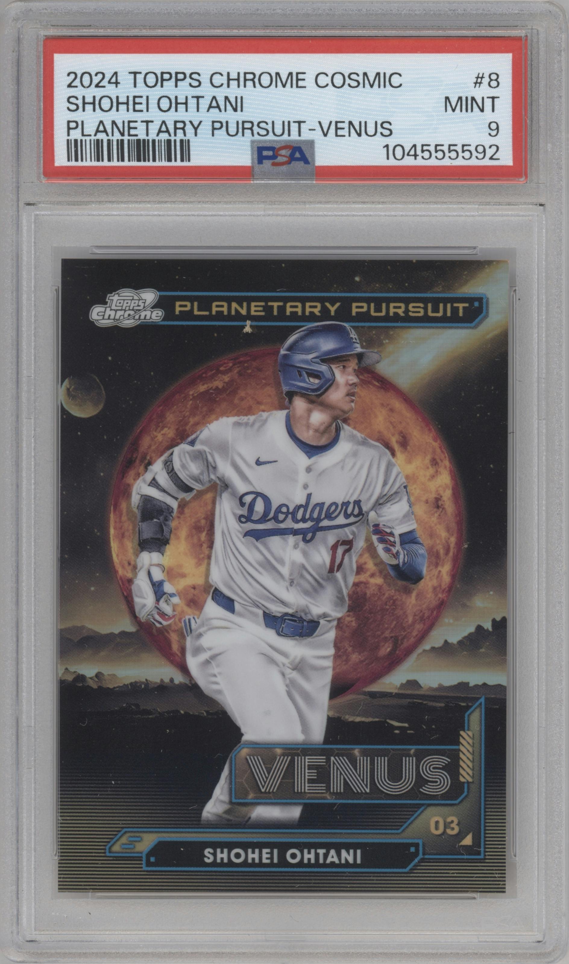 Shohei Ohtani from the 2024 Topps Cosmic Chrome set graded by PSA and given an overall grade of 9.