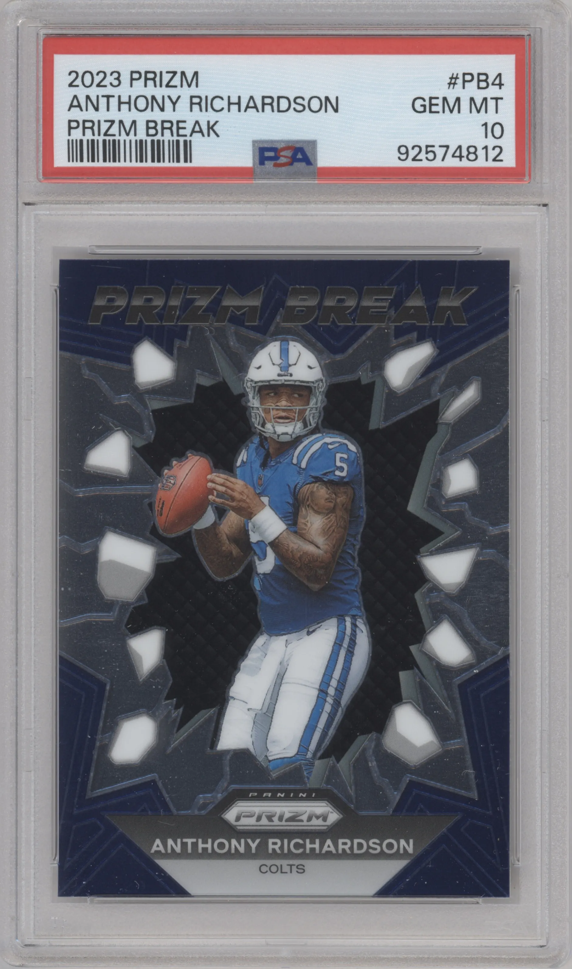 Anthony Richardson from the 2023 Panini Prizm set graded by PSA and given an overall grade of 10.
