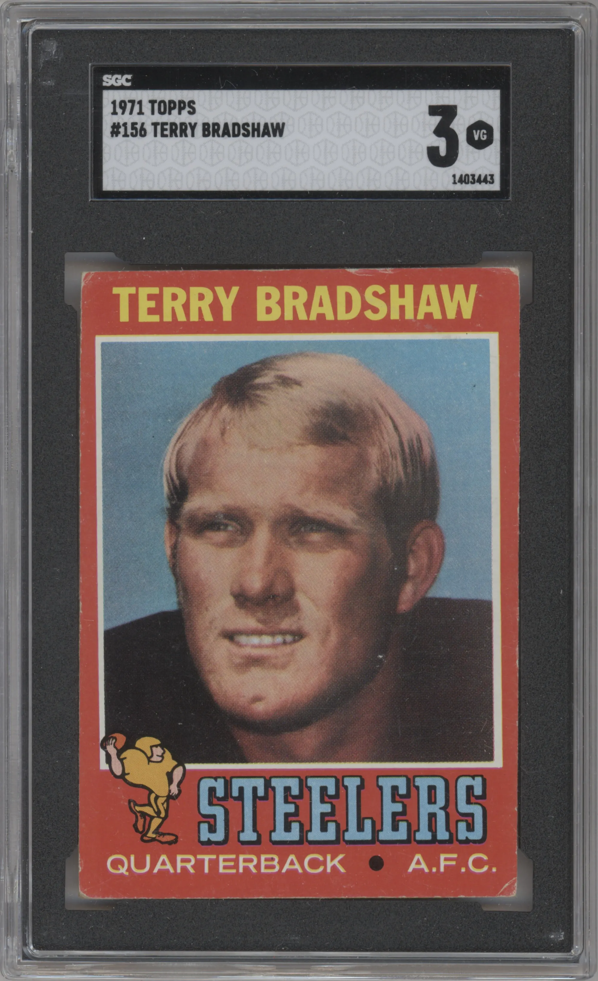 Terry Bradshaw from the 1971 Topps set graded by SGC and given an overall grade of 3.