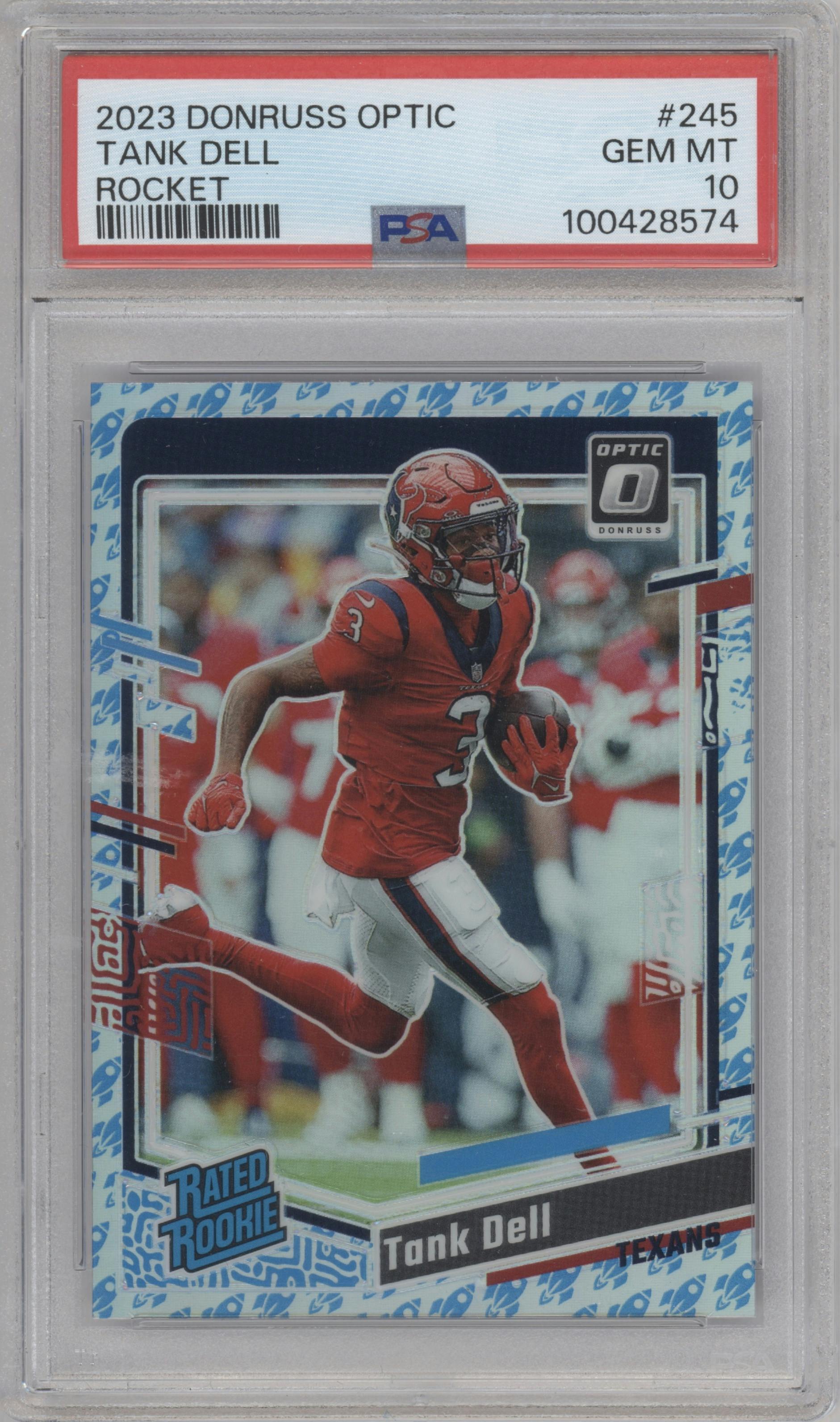 Tank Dell from the 2023 Donruss Optic set featuring a Rocket parallel graded by PSA and given an overall grade of 10.