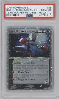 Rocket's Hitmonchan ex from the 2004 Pokemon EX set graded by PSA and given an overall grade of 10.