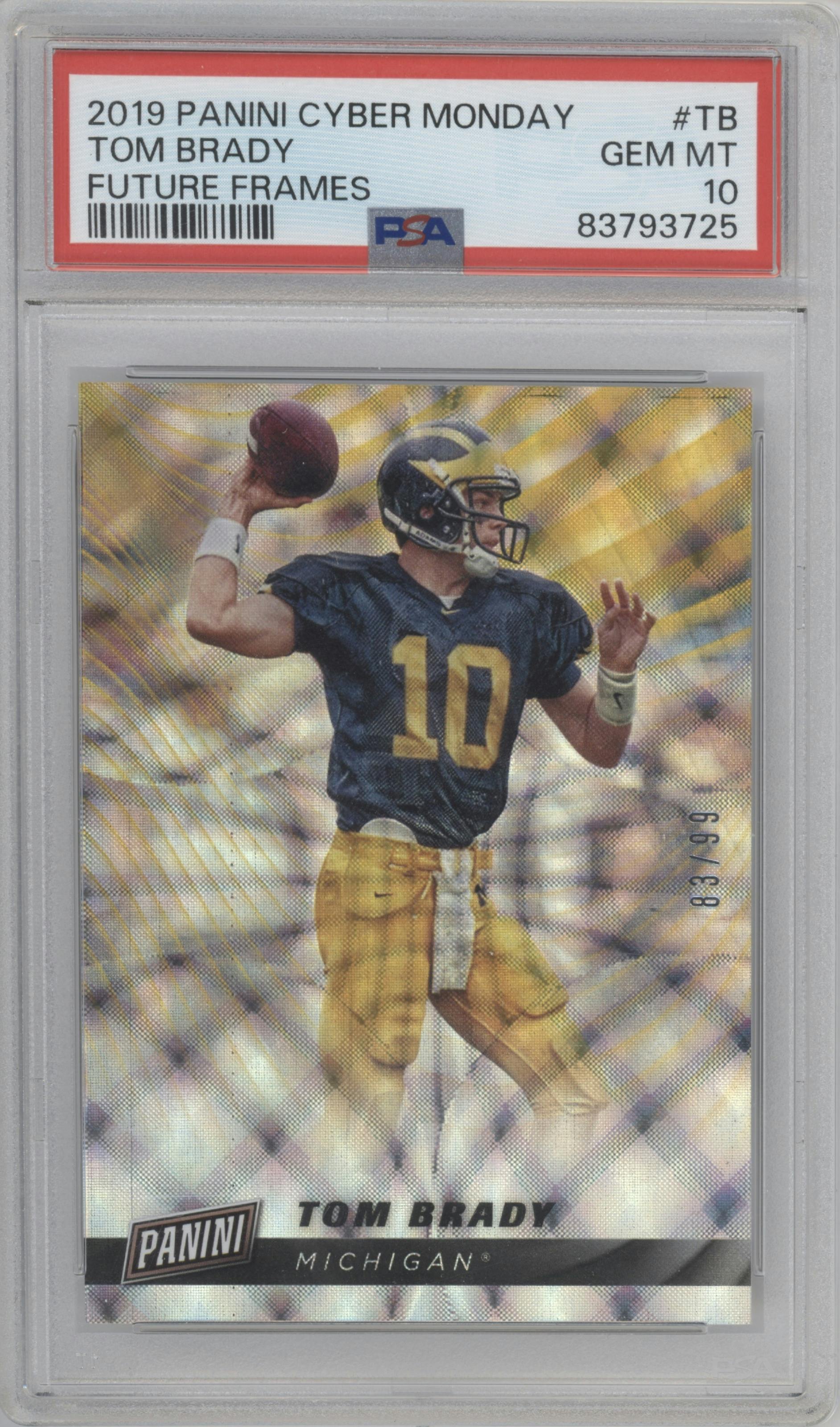 Tom Brady from the 2019 Panini Cyber Monday set graded by PSA and given an overall grade of 10.