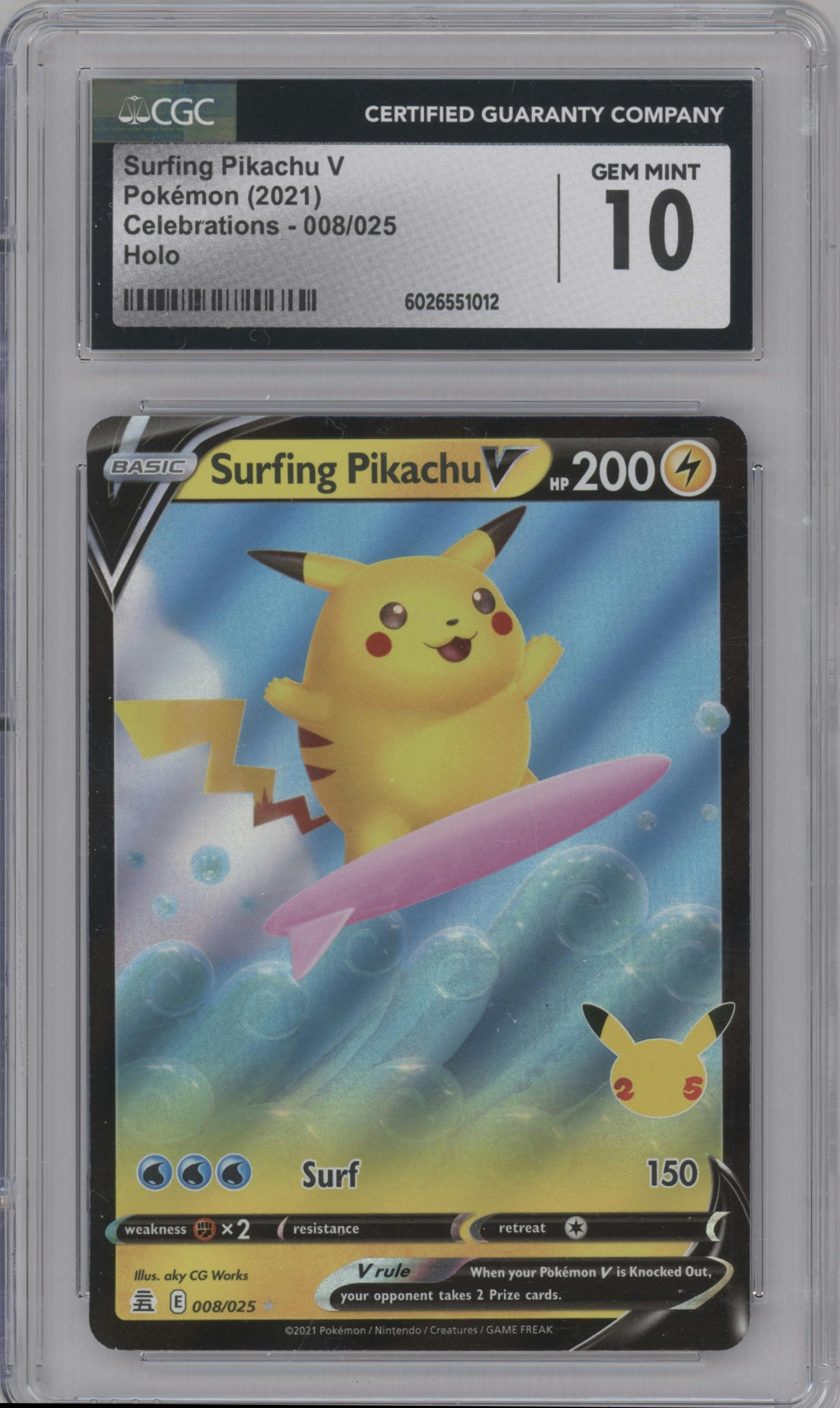 Surfing Pikachu V from the 2021 Pokemon SWSH set graded by CSG and given an overall grade of 10.
