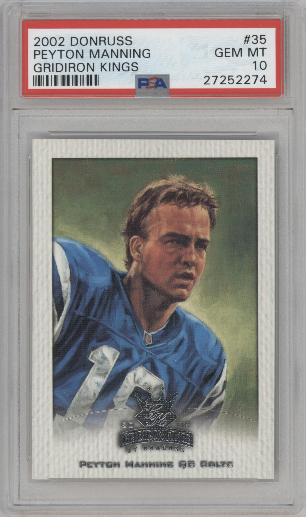 Peyton Manning from the 2002 Donruss Gridiron Kings set graded by PSA and given an overall grade of 10.