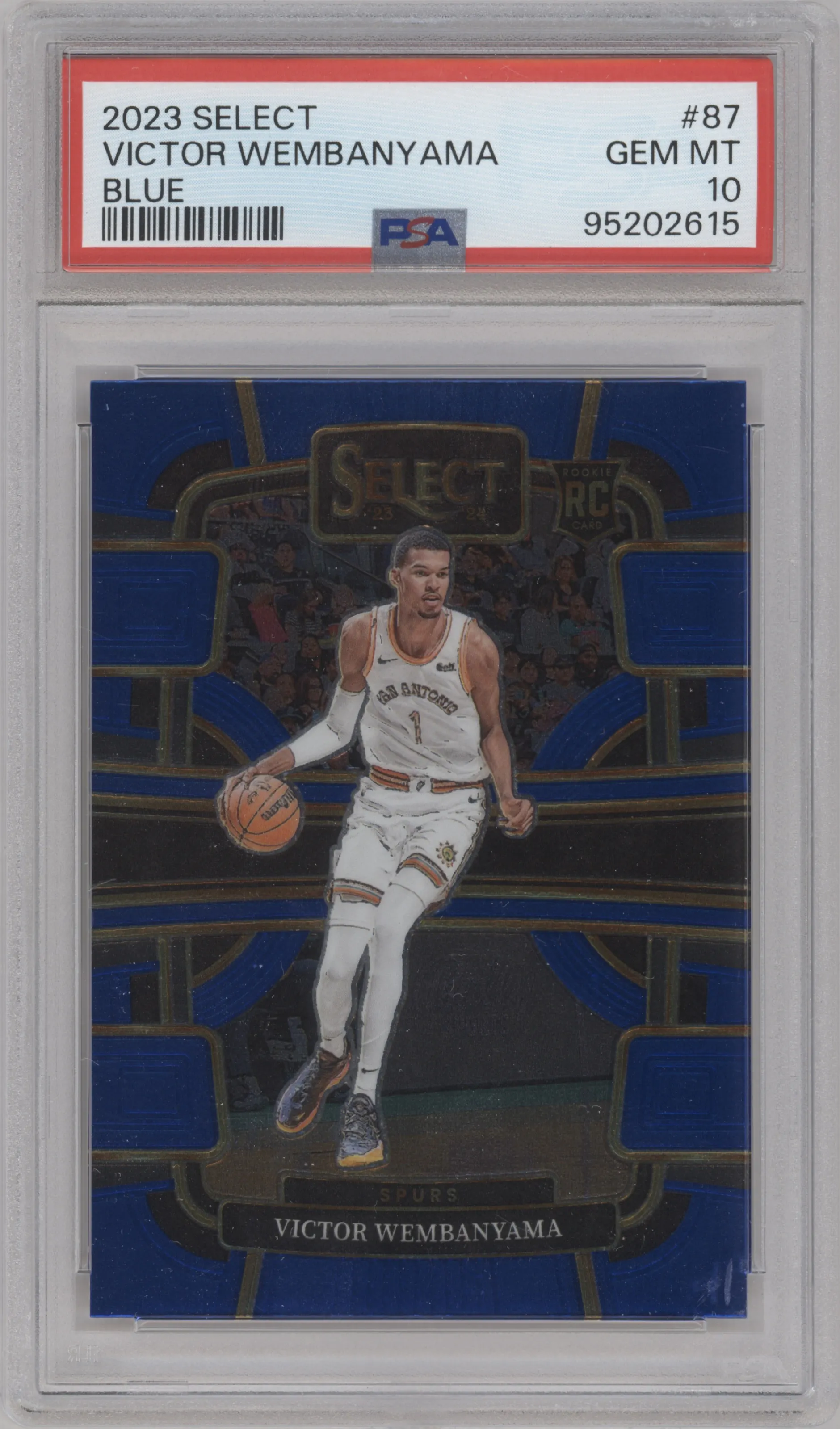 Victor Wembanyama from the 2023-24 Panini Select  set featuring a Blue Retail parallel graded by PSA and given an overall grade of 10.