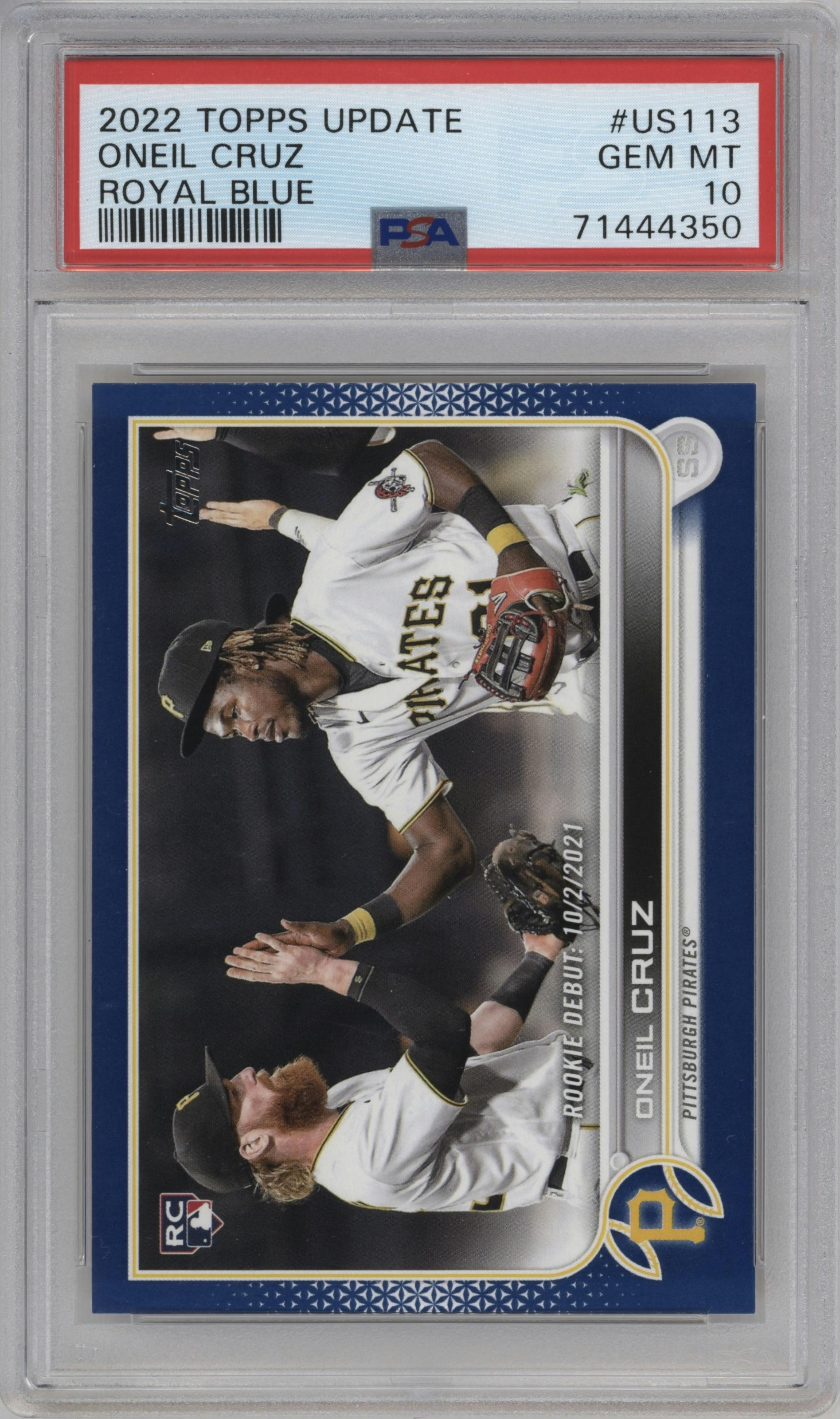 Oneil Cruz from the 2022 Topps Update  set featuring a Royal Blue parallel graded by PSA and given an overall grade of 10.