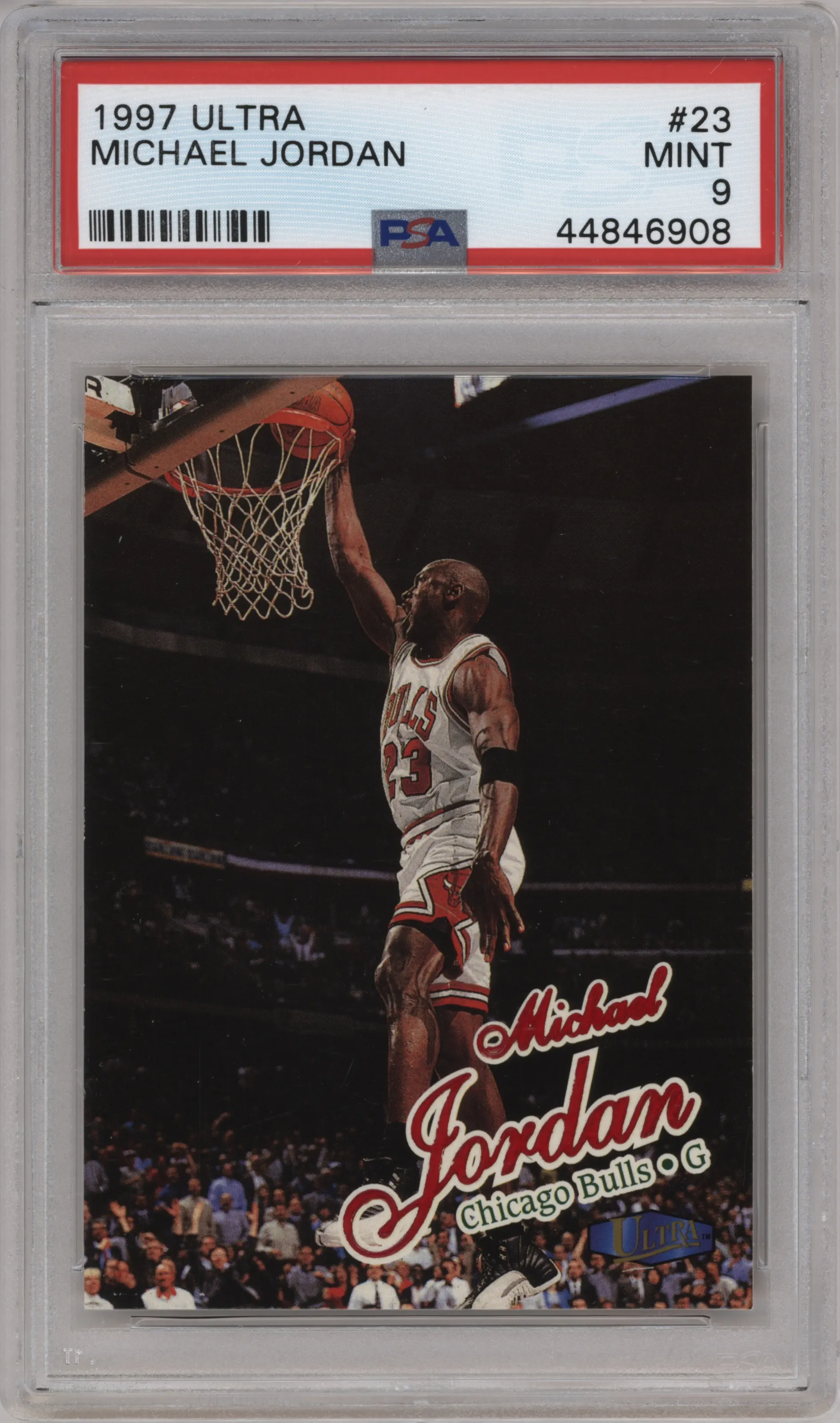 Michael Jordan from the 1997-98 Fleer Ultra set graded by PSA and given an overall grade of 9.