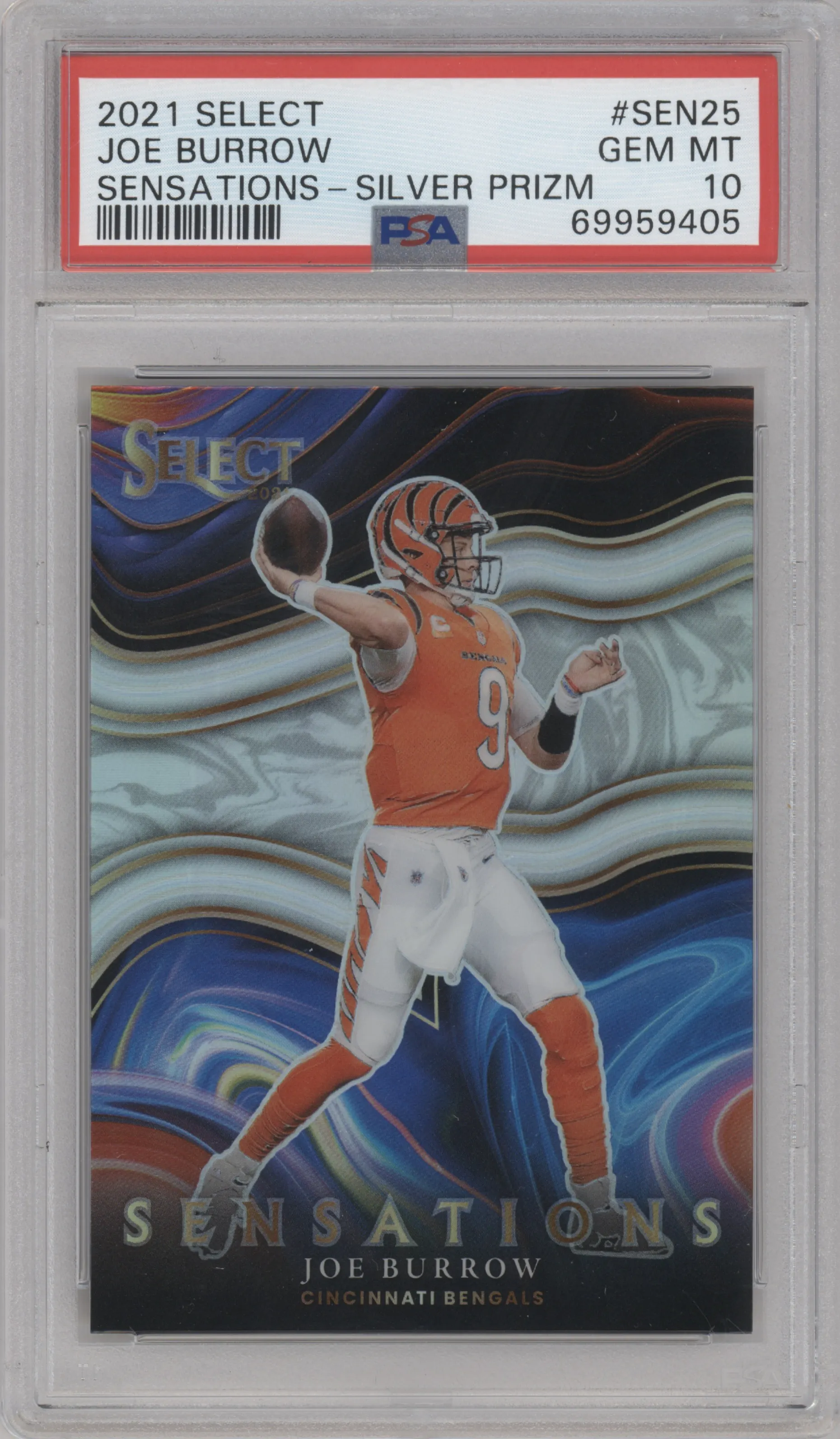 Joe Burrow from the 2021 Panini Select set featuring a Silver Prizm parallel graded by PSA and given an overall grade of 10.