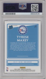 Tyrese Maxey from the 2020-21 Panini Donruss Optic set featuring a Purple parallel graded by PSA and given an overall grade of 10.