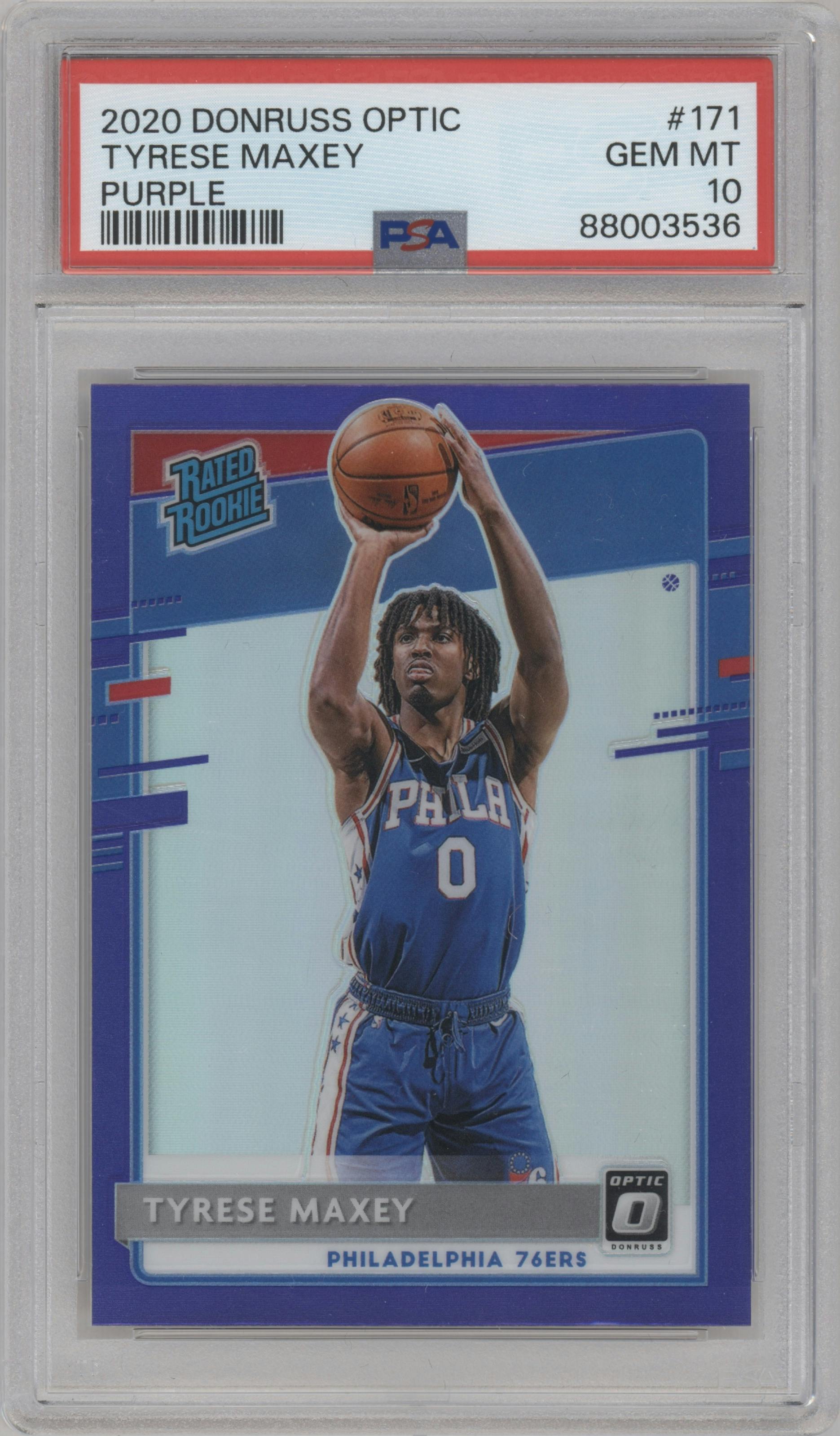 Tyrese Maxey from the 2020-21 Panini Donruss Optic set featuring a Purple parallel graded by PSA and given an overall grade of 10.