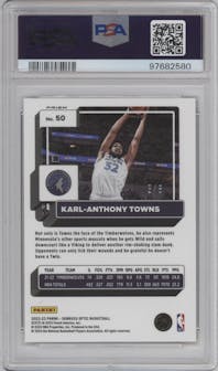 Karl-Anthony Towns from the 2022-23 Panini Donruss Optic  set featuring a Choice Black/Gold parallel graded by PSA and given an overall grade of 9.
