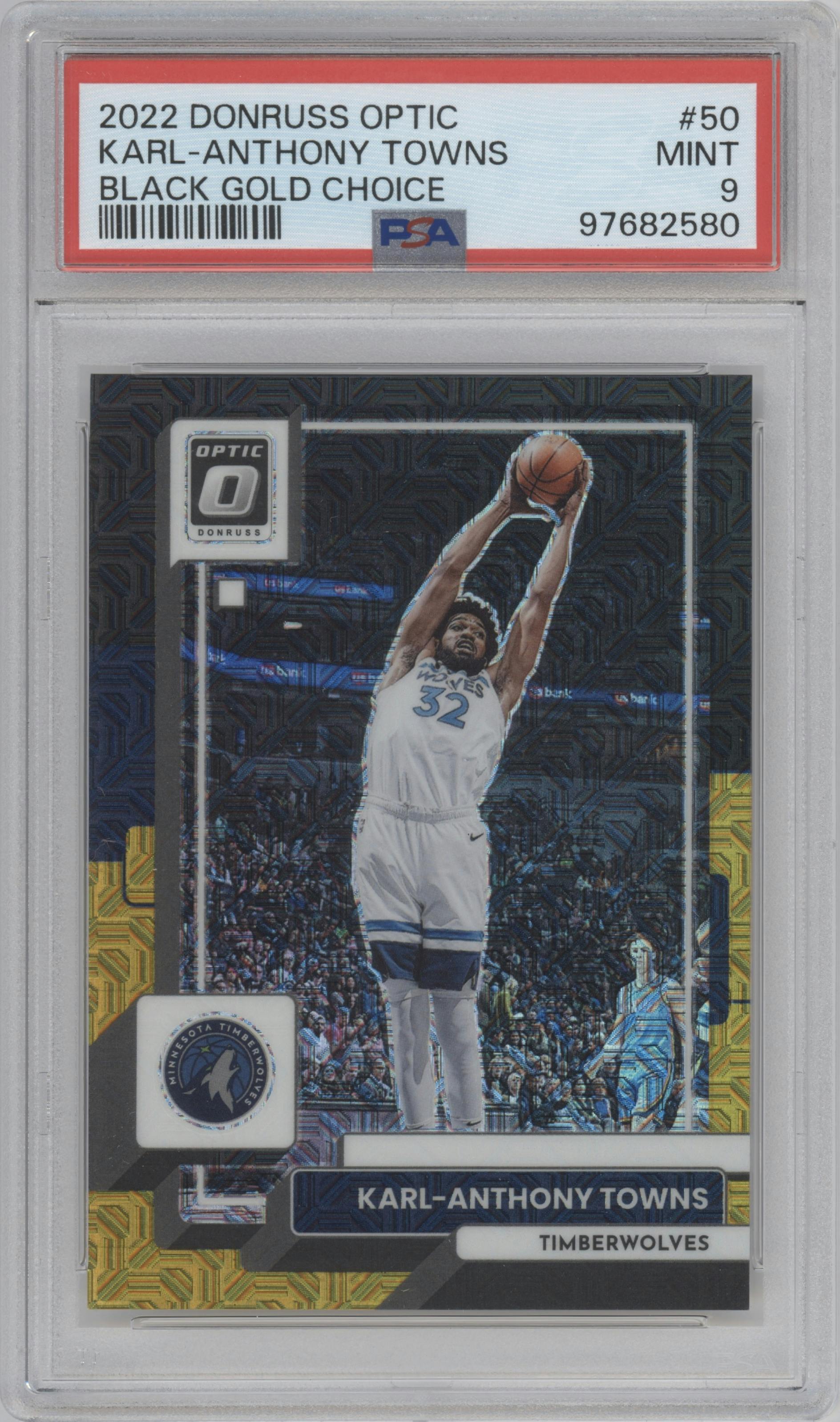 Karl-Anthony Towns from the 2022-23 Panini Donruss Optic  set featuring a Choice Black/Gold parallel graded by PSA and given an overall grade of 9.
