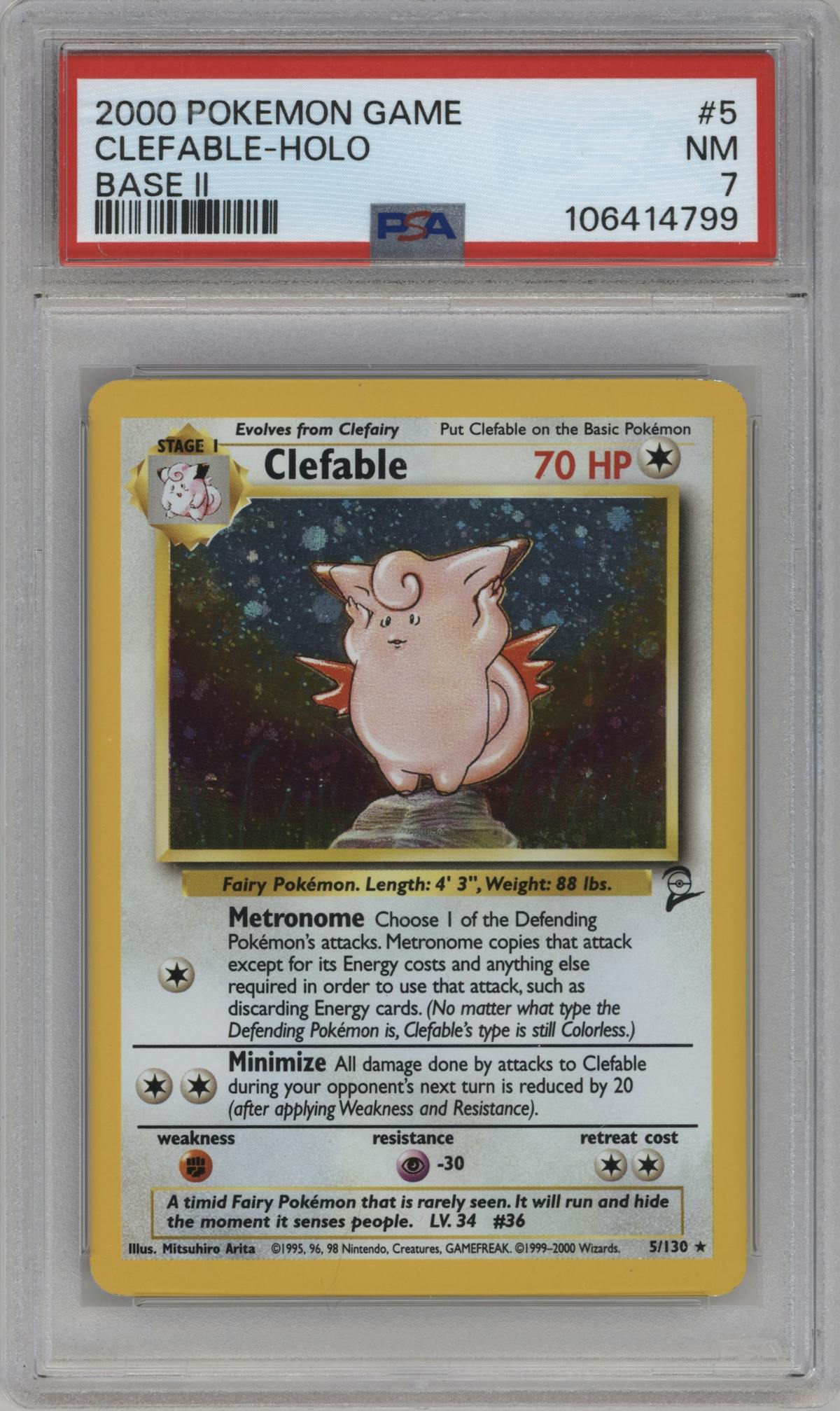 Clefable from the 2000 Pokemon set graded by PSA and given an overall grade of 7.