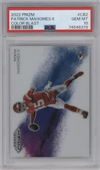 Patrick Mahomes II from the 2022 Panini Prizm set graded by PSA and given an overall grade of 10.