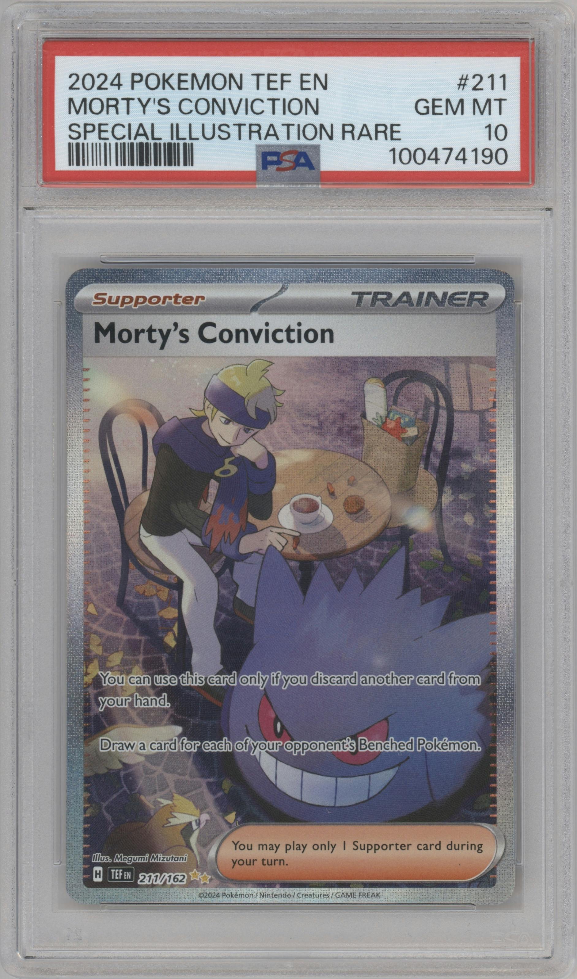 Morty's Conviction from the 2024 Pokemon SV set graded by PSA and given an overall grade of 10.