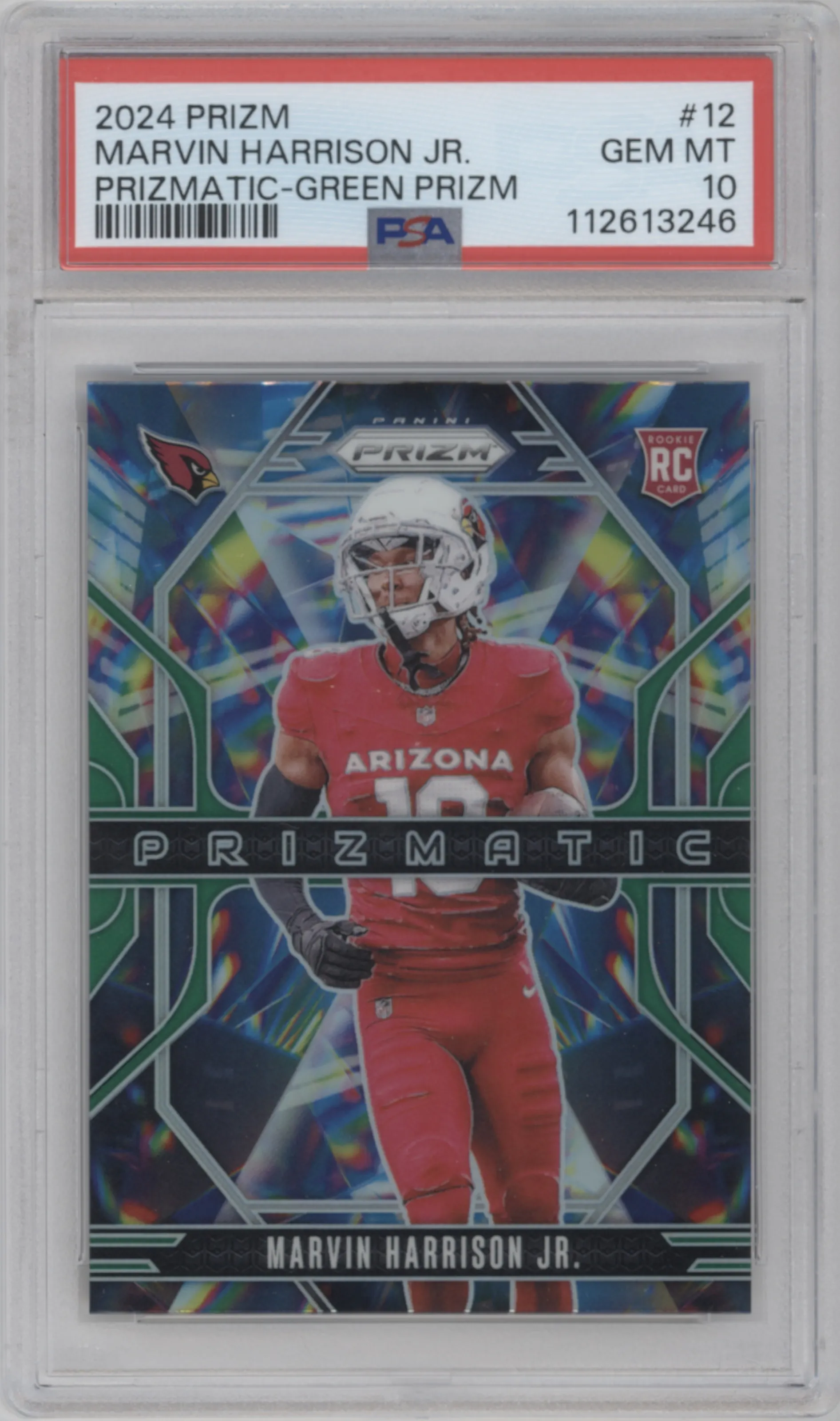 Marvin Harrison Jr. from the 2024 Panini Prizm set featuring a Green Prizm parallel graded by PSA and given an overall grade of 10.