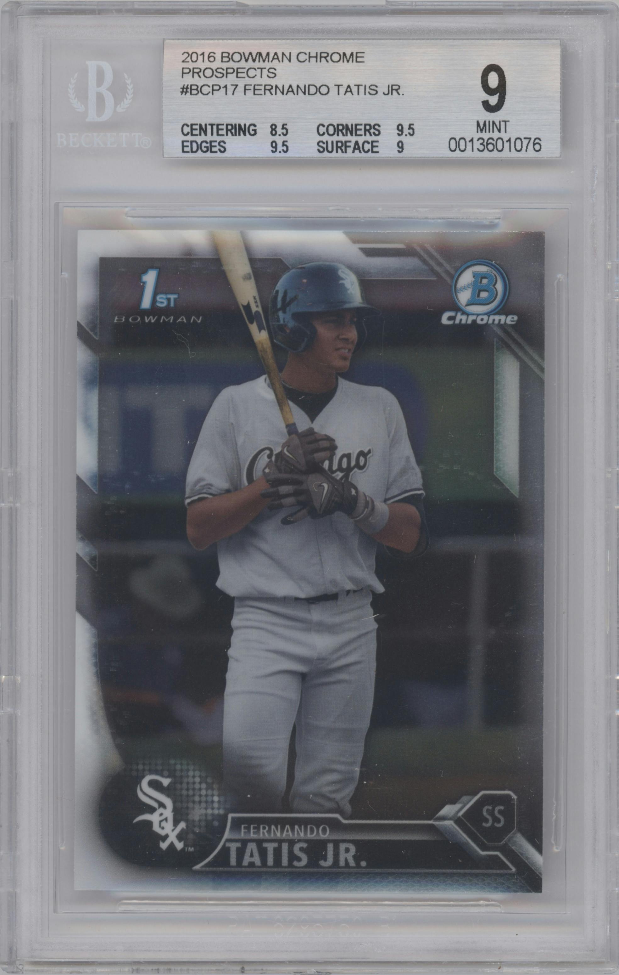 Fernando Tatis Jr. from the 2016 Bowman Chrome set graded by Beckett and given an overall grade of 9.