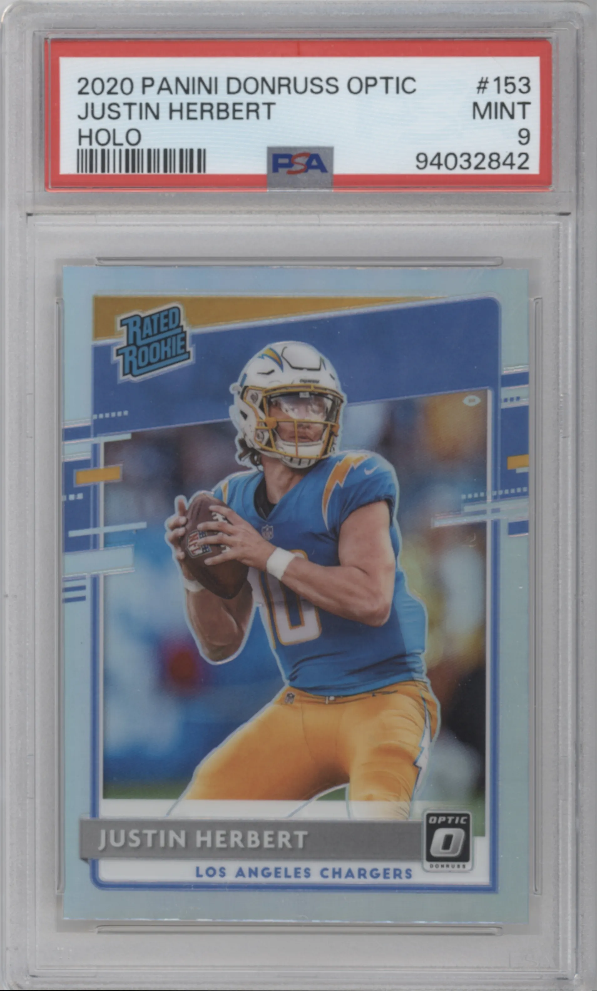 Justin Herbert from the 2020 Panini Donruss Optic set featuring a Holo parallel graded by PSA and given an overall grade of 9.