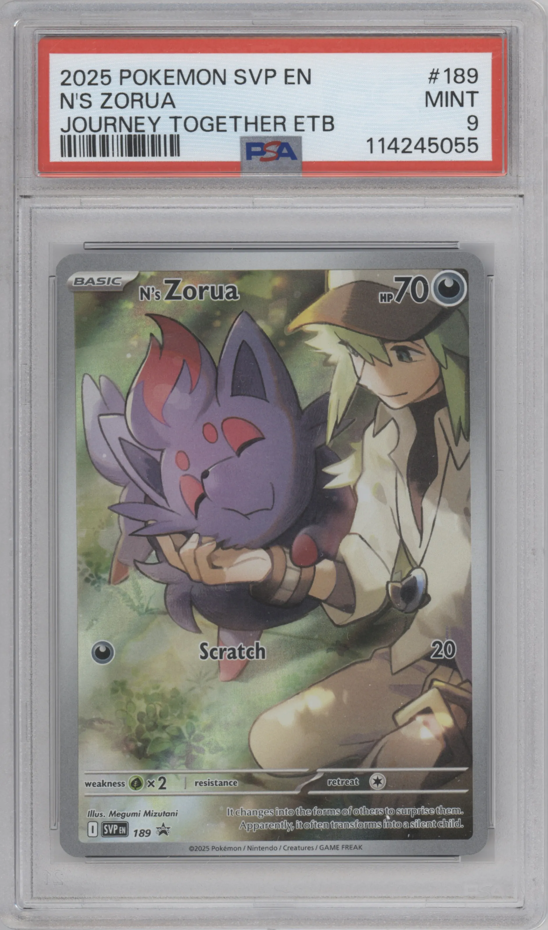 N's Zorua from the 2025 Pokemon SV set featuring a Journey Together Elite Trainer Box parallel graded by PSA and given an overall grade of 9.