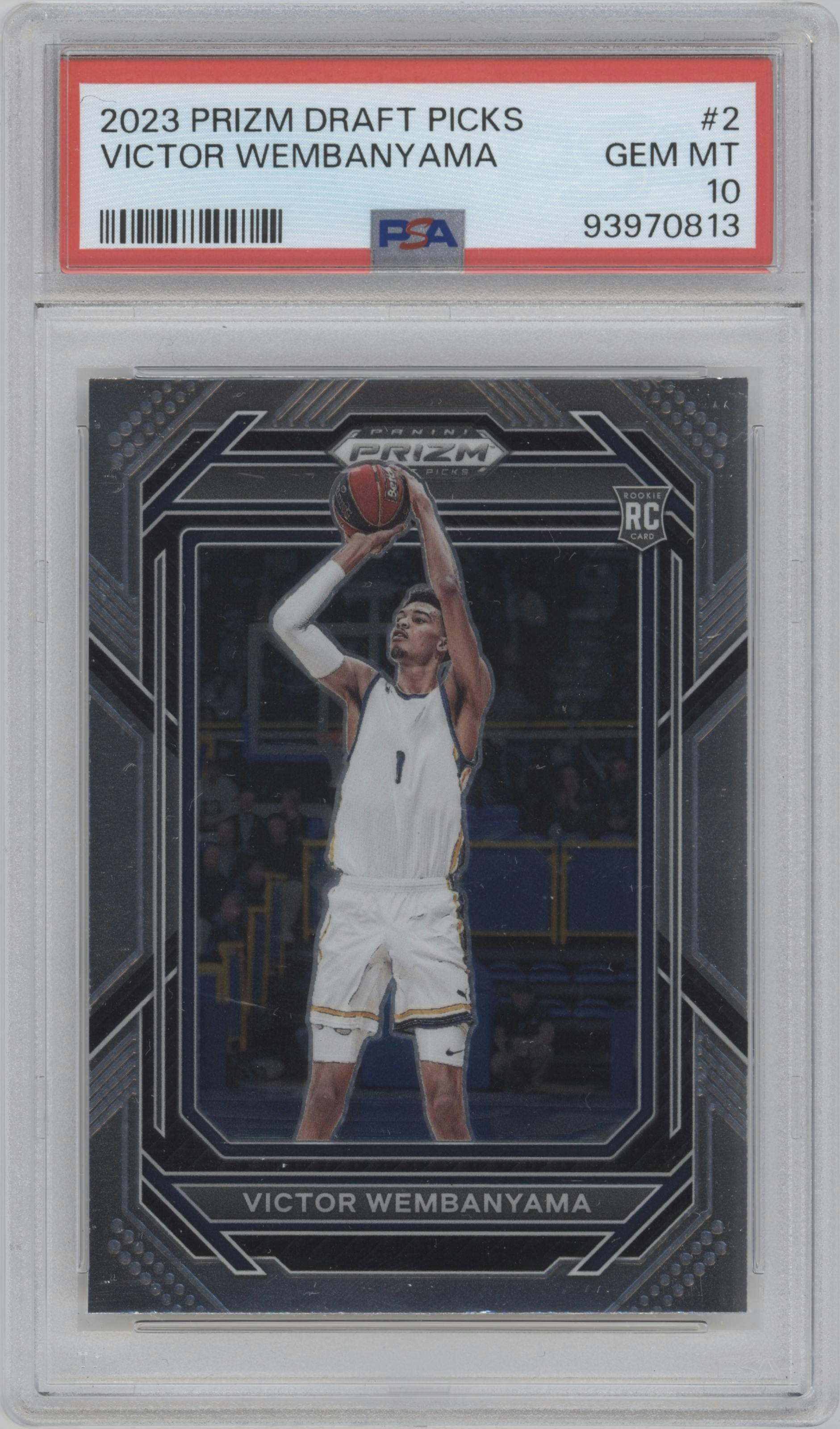 Victor Wembanyama from the 2023-24 Panini Prizm Draft Picks set graded by PSA and given an overall grade of 10.