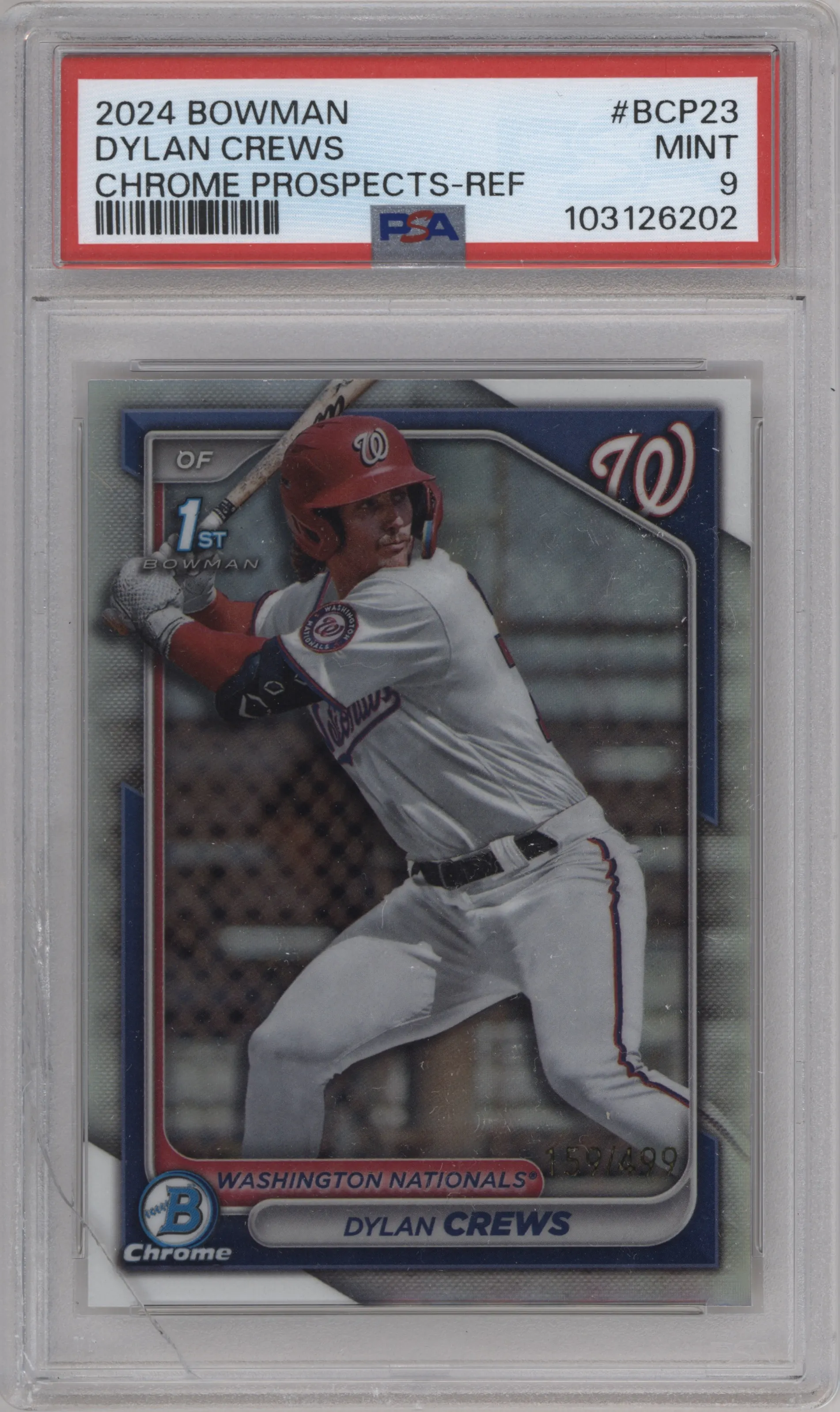 Dylan Crews from the 2024 Bowman set featuring a Refractor parallel graded by PSA and given an overall grade of 9.