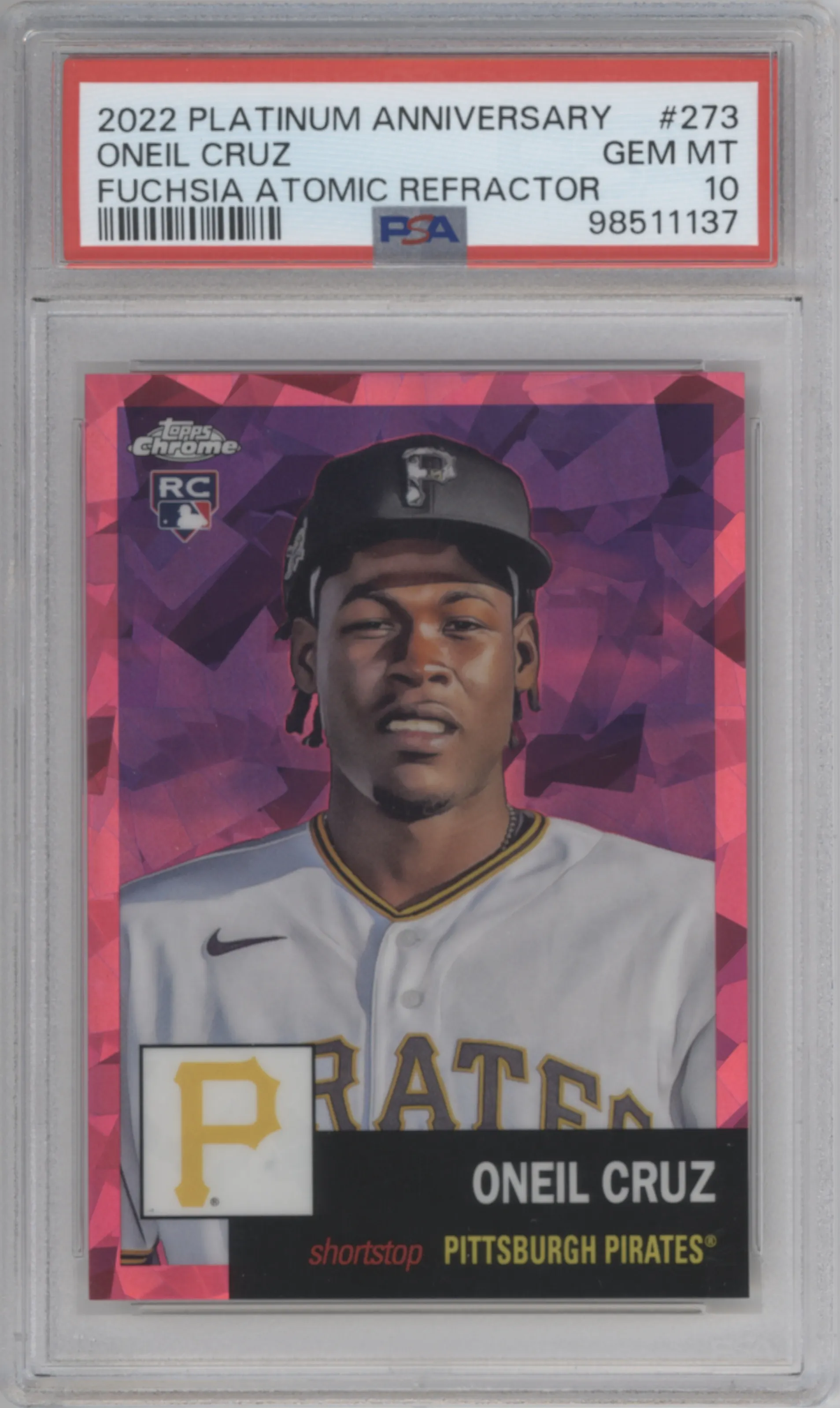 Oneil Cruz from the 2022 Topps Chrome Platinum Anniversary set featuring a Fuchsia Atomic Refractor parallel graded by PSA and given an overall grade of 10.