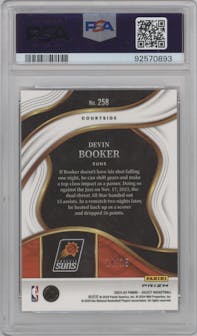 Devin Booker from the 2023-24 Panini Select  set featuring a Neon Orange Pulsar parallel graded by PSA and given an overall grade of 10.