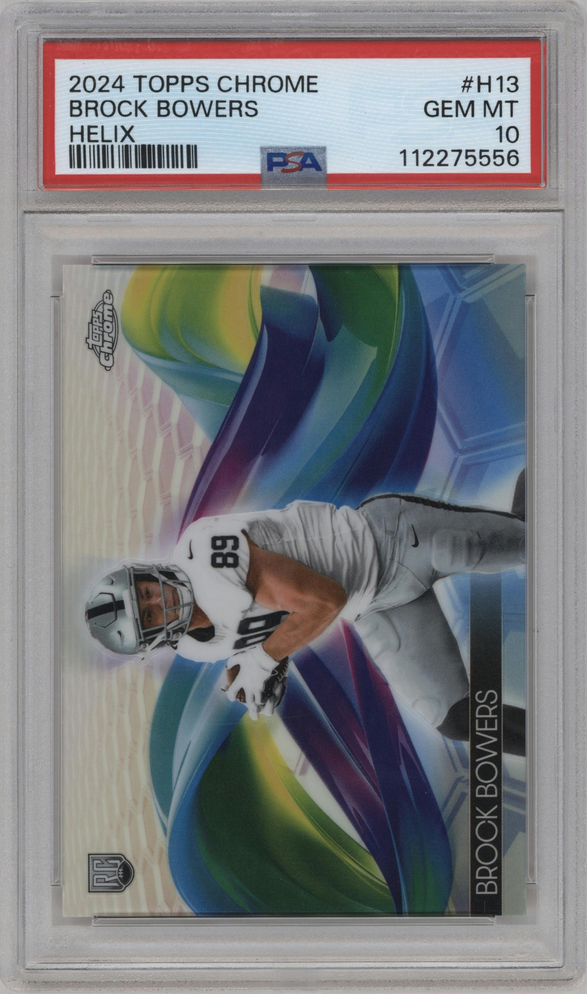 Brock Bowers  from the 2024 Topps Chrome set graded by PSA and given an overall grade of 10.