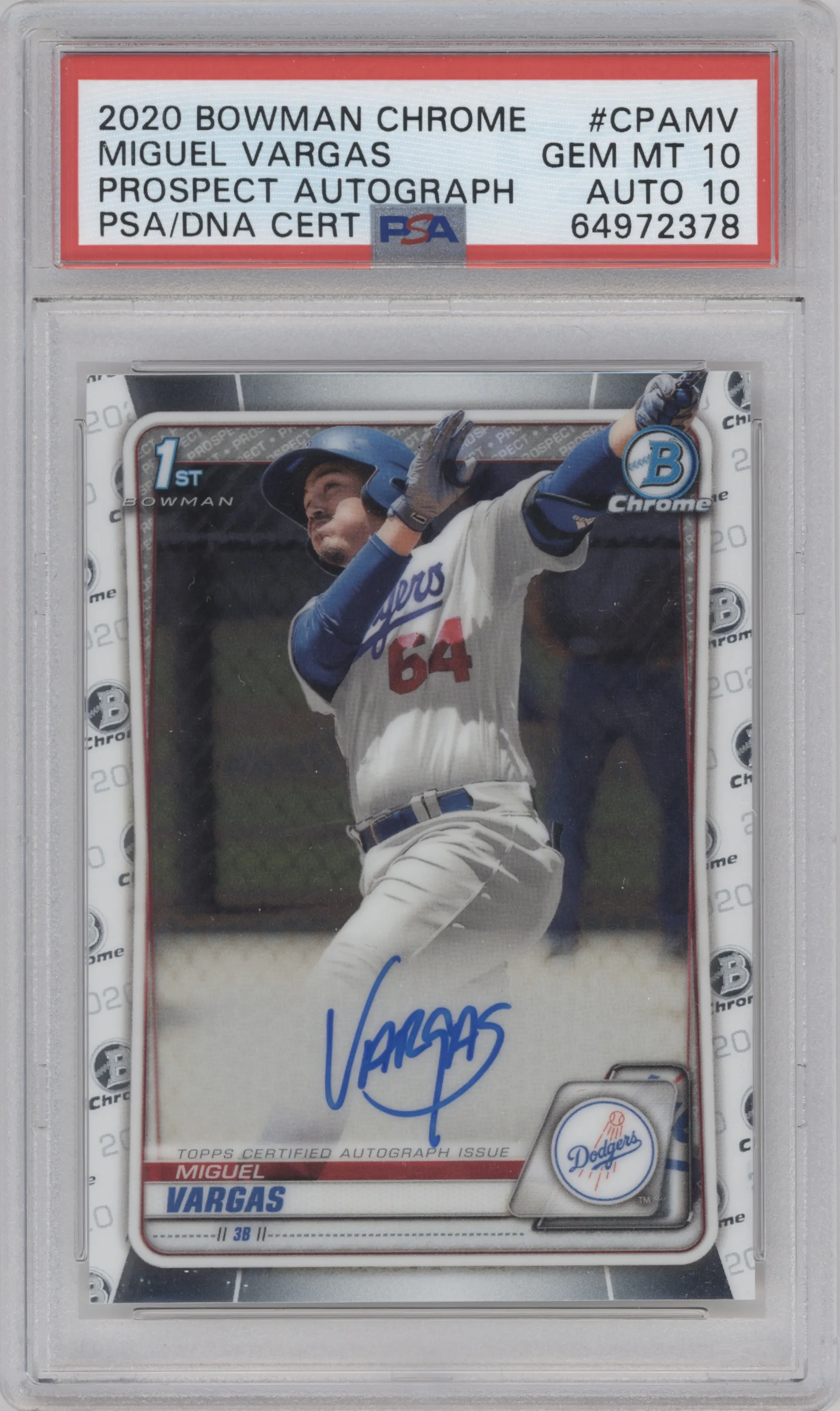 Miguel Vargas from the 2020 Bowman Chrome set graded by PSA and given an overall grade of 10.