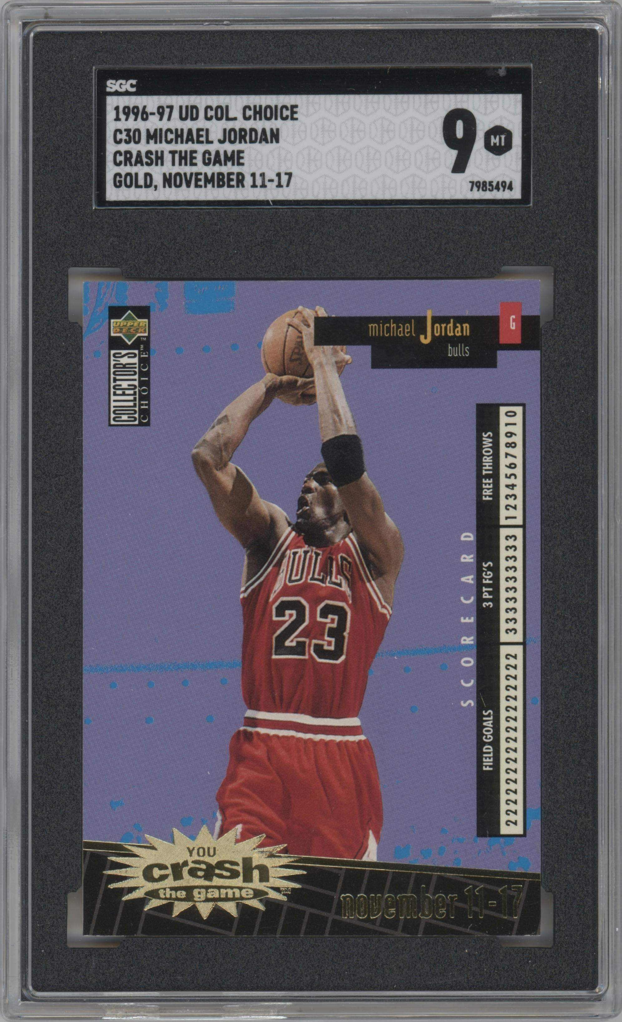 Michael Jordan  from the 1996-97 Upper Deck Collector's Choice set featuring a Gold (Series One) parallel graded by SGC and given an overall grade of 9.