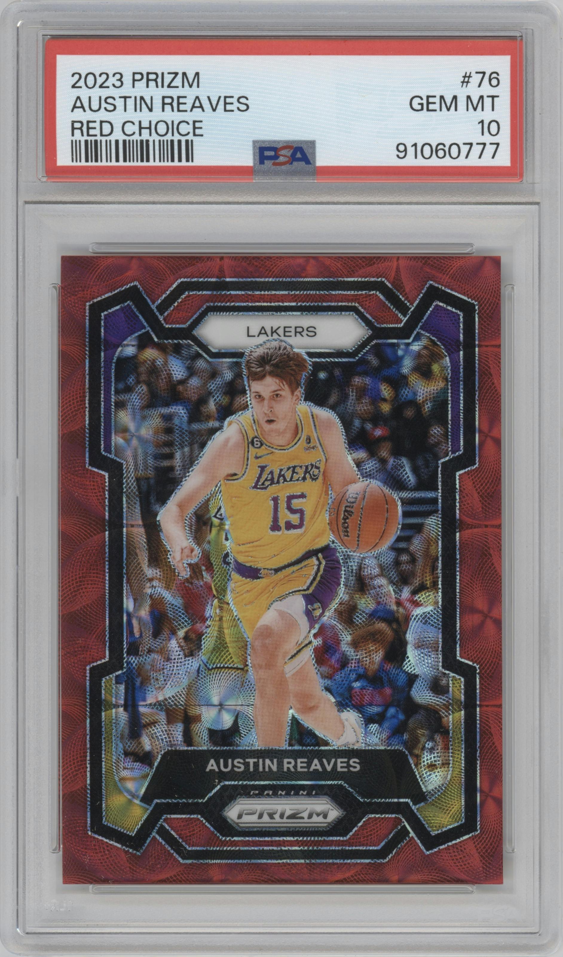 Austin Reaves from the 2023-24 Panini Prizm set featuring a Choice Red parallel graded by PSA and given an overall grade of 10.