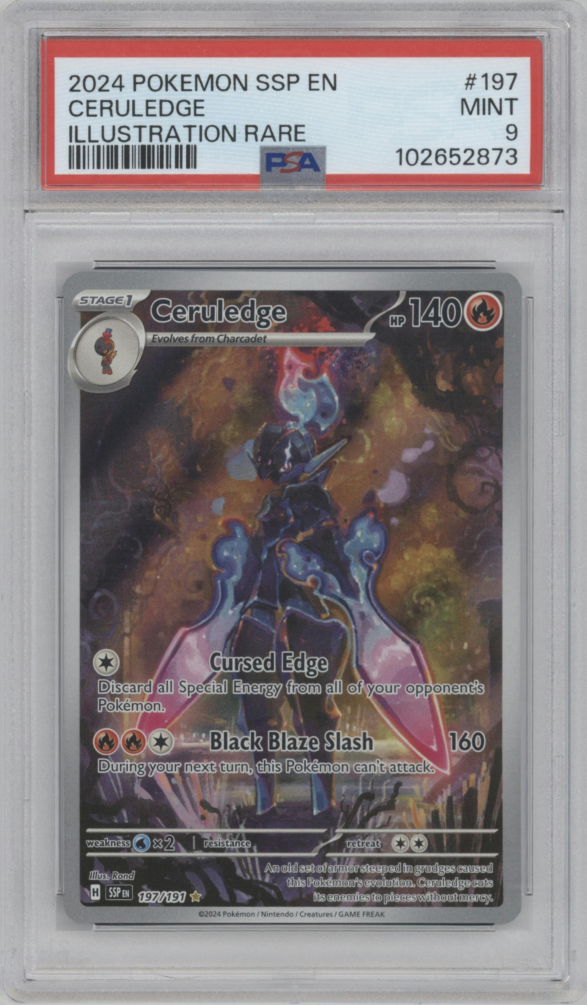 Ceruledge from the 2024 Pokemon SV set graded by PSA and given an overall grade of 9.