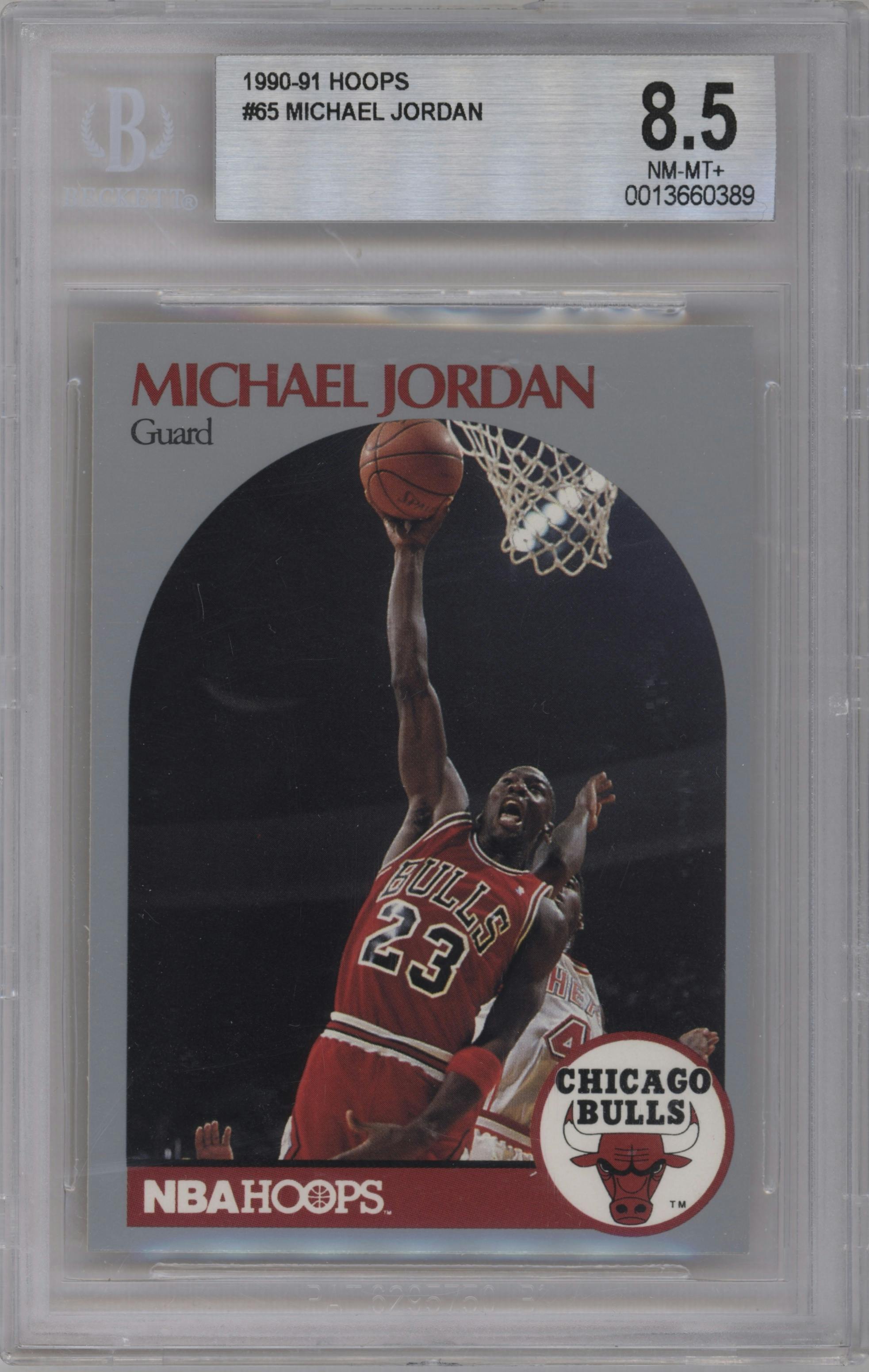 Michael Jordan from the 1990-91 NBA Hoops set graded by Beckett and given an overall grade of 8.5.