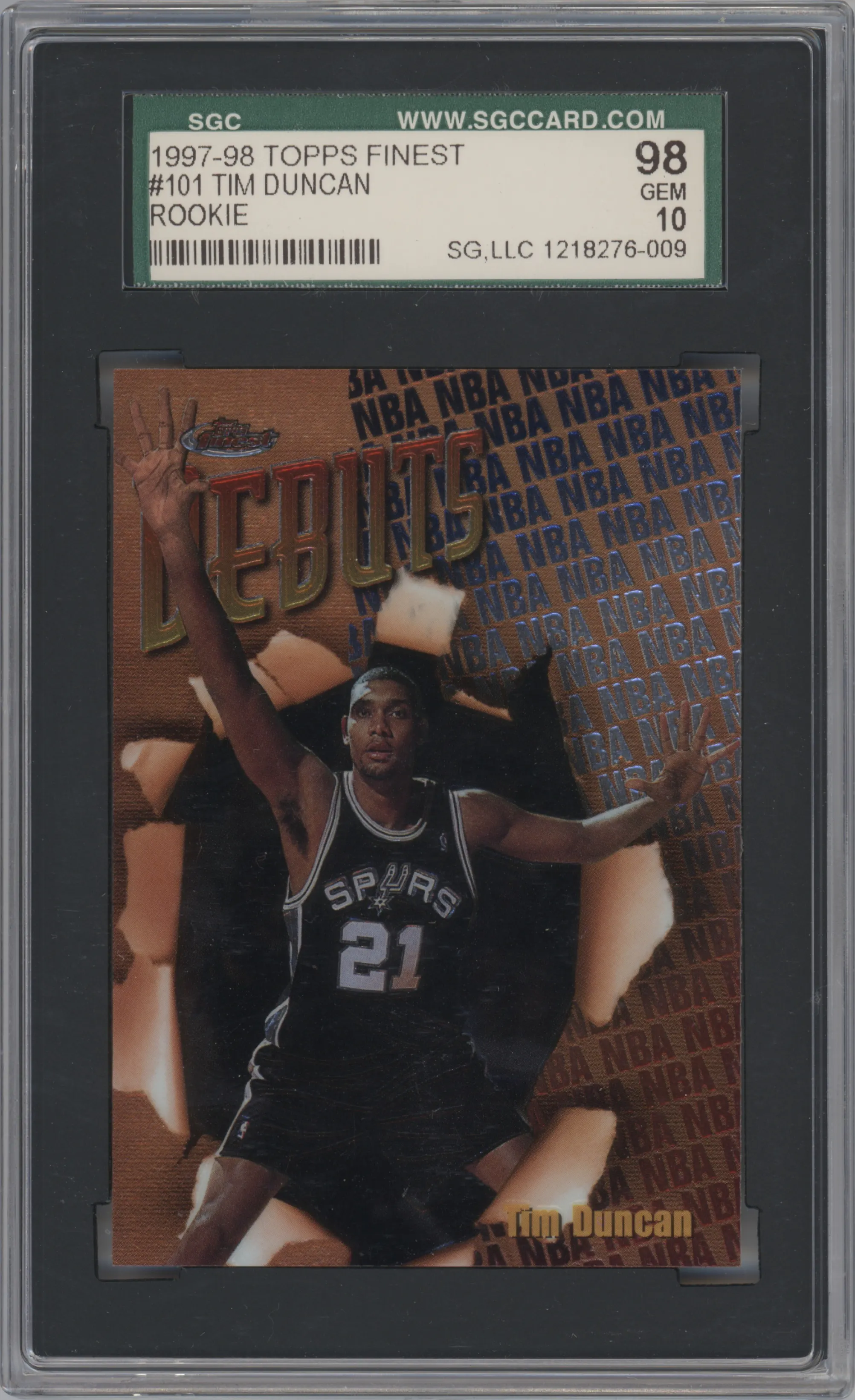 Tim Duncan from the 1997-98 Topps Finest set graded by SGC and given an overall grade of 10.