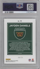 Jayden Daniels from the 2024 Donruss Optic set featuring a Black Pandora parallel graded by PSA and given an overall grade of 10.