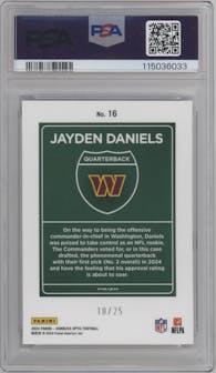 Jayden Daniels from the 2024 Donruss Optic set featuring a Black Pandora parallel graded by PSA and given an overall grade of 10.