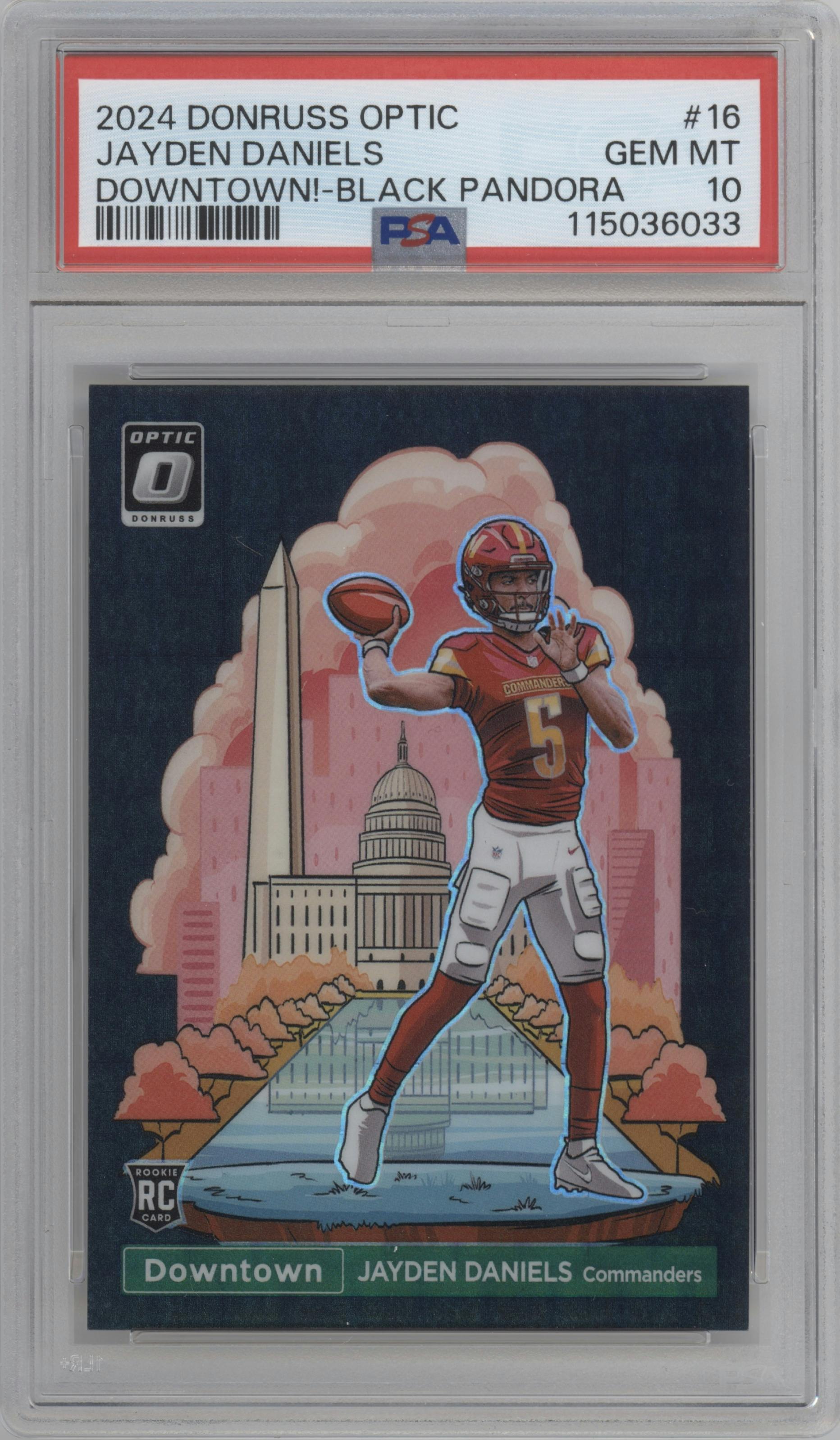 Jayden Daniels from the 2024 Donruss Optic set featuring a Black Pandora parallel graded by PSA and given an overall grade of 10.