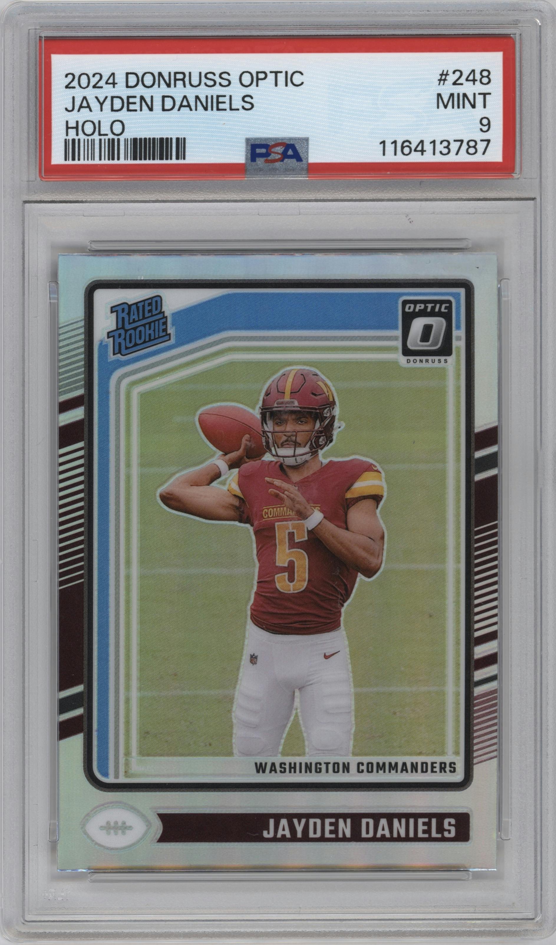 Jayden Daniels from the 2024 Donruss Optic set featuring a Holo parallel graded by PSA and given an overall grade of 9.
