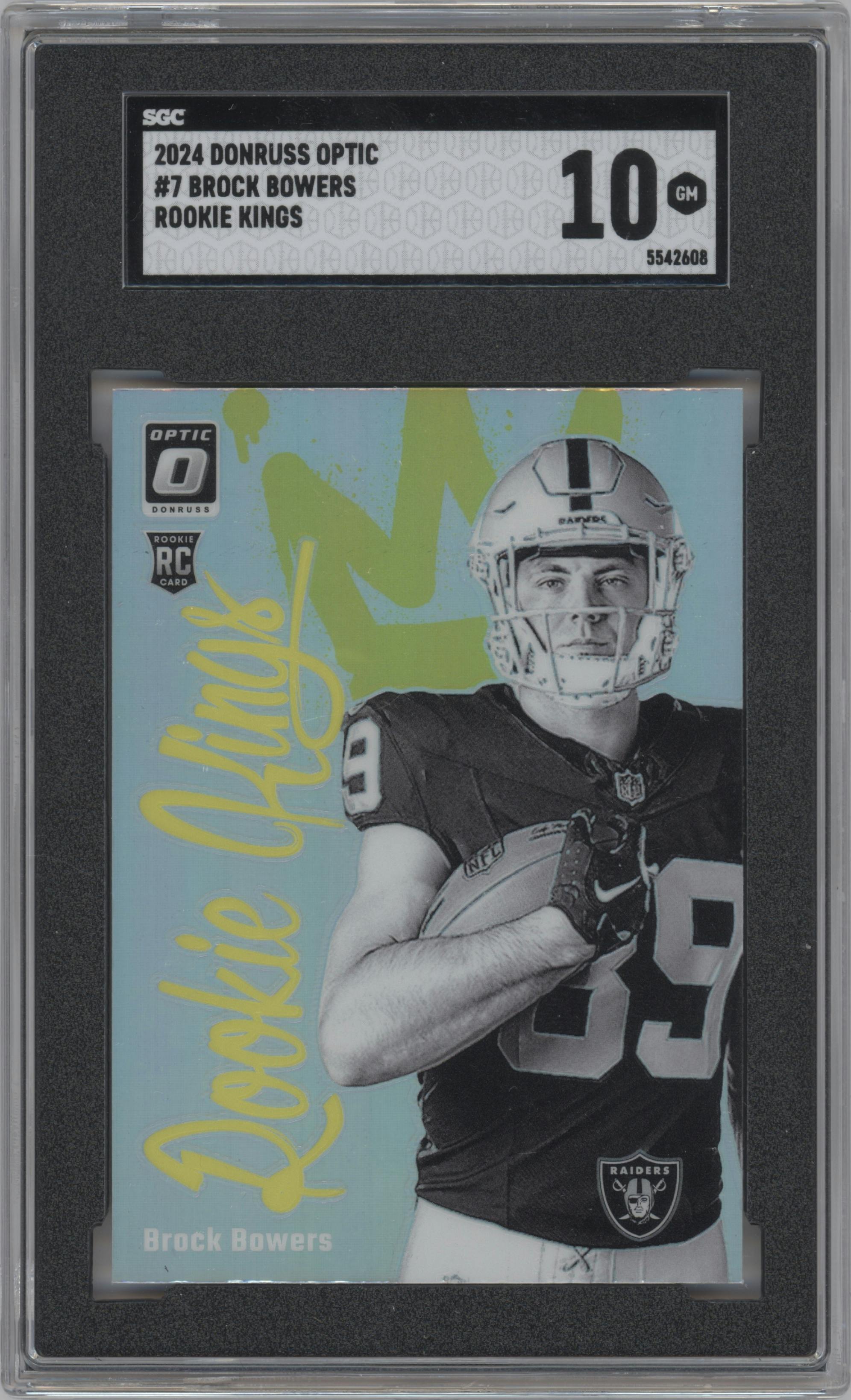 Brock Bowers from the 2024 Donruss Optic set graded by SGC and given an overall grade of 10.