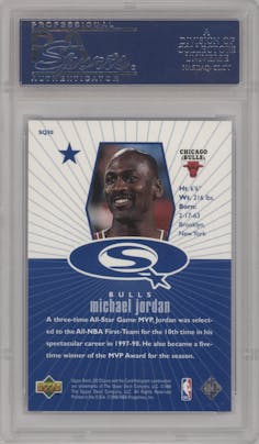 Michael Jordan  from the 1998 Upper Deck Choice set featuring a Blue parallel graded by PSA and given an overall grade of 10.