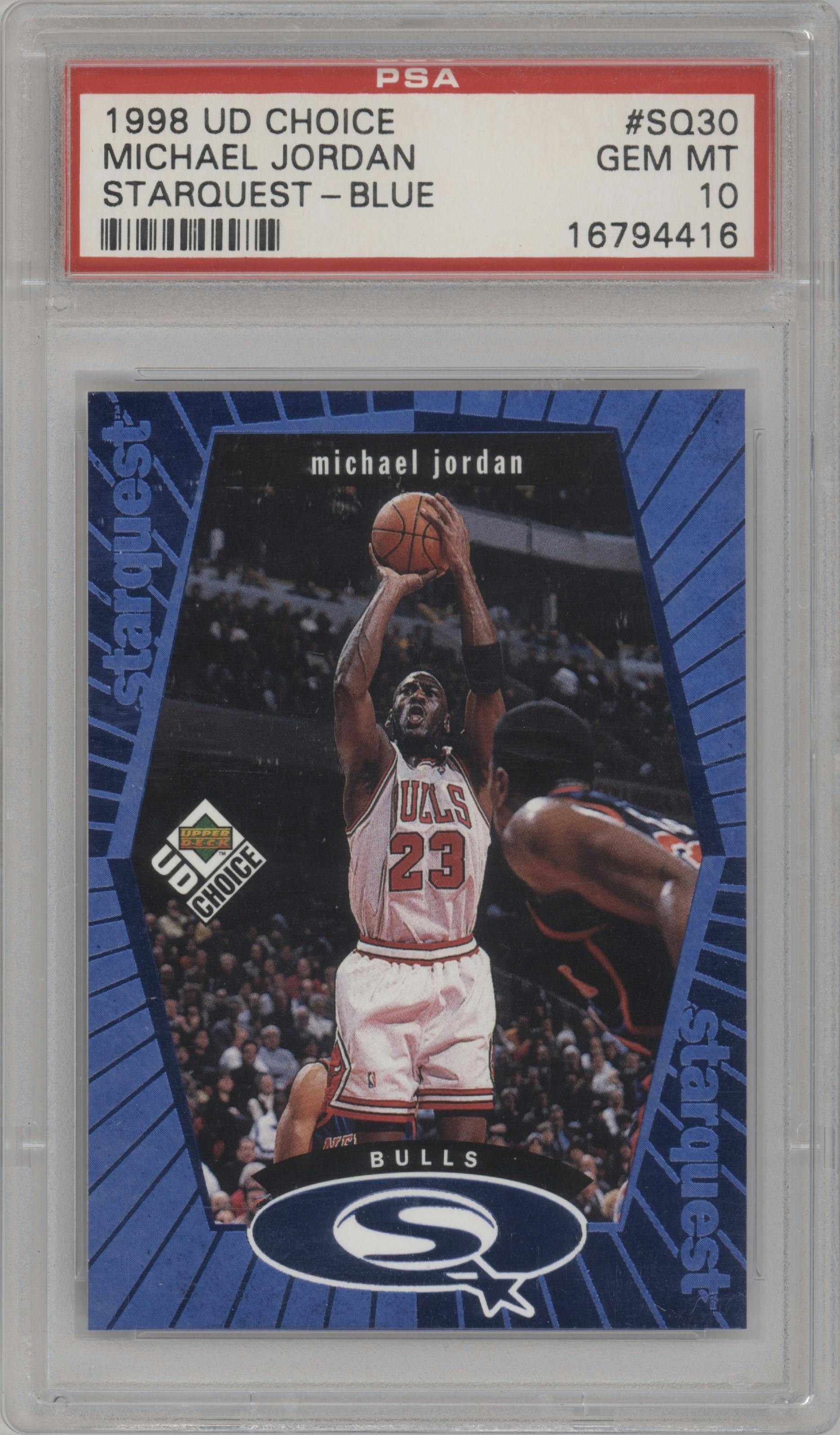 Michael Jordan  from the 1998 Upper Deck Choice set featuring a Blue parallel graded by PSA and given an overall grade of 10.