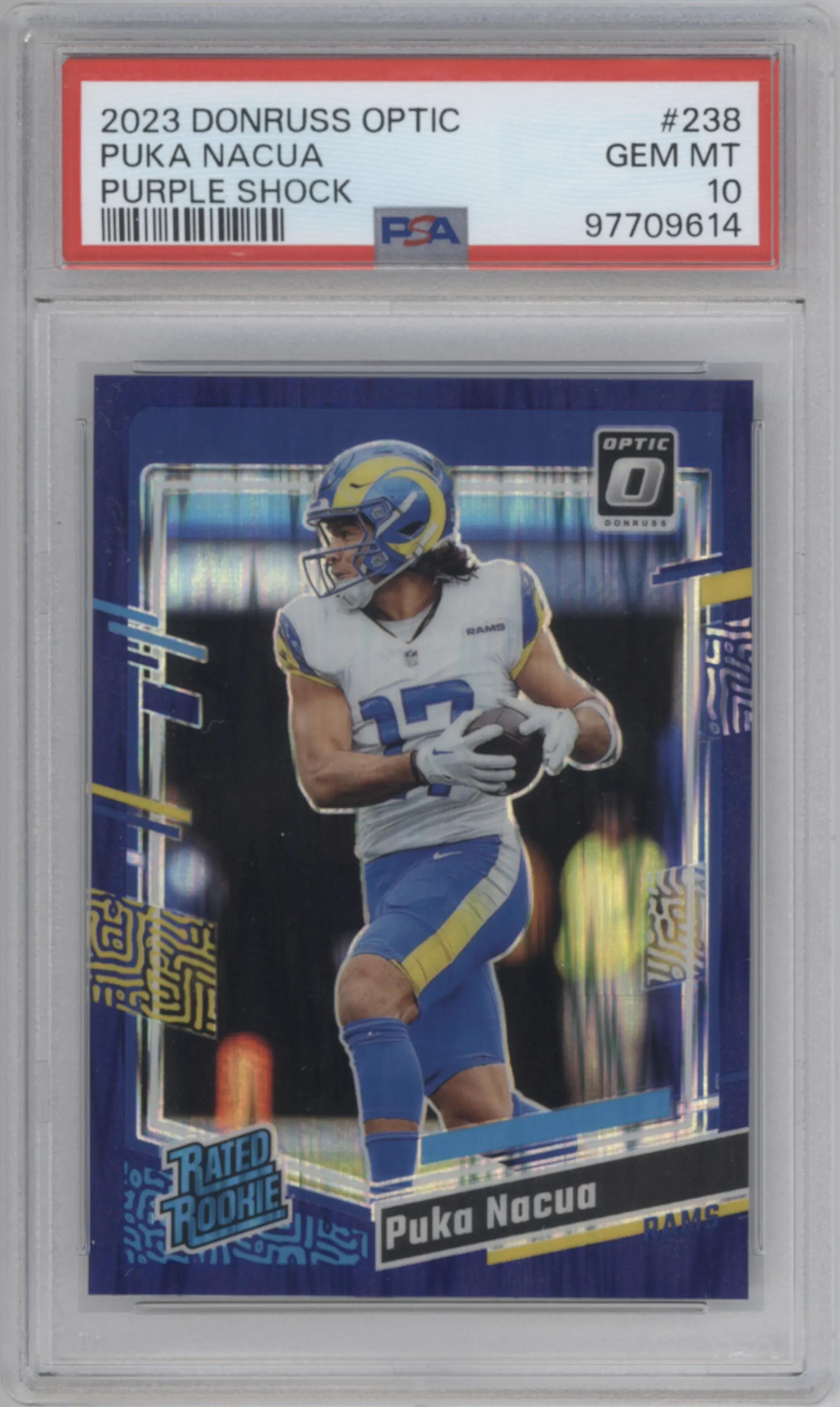Puka Nacua from the 2023 Donruss Optic set featuring a  Purple Shock parallel graded by PSA and given an overall grade of 10.