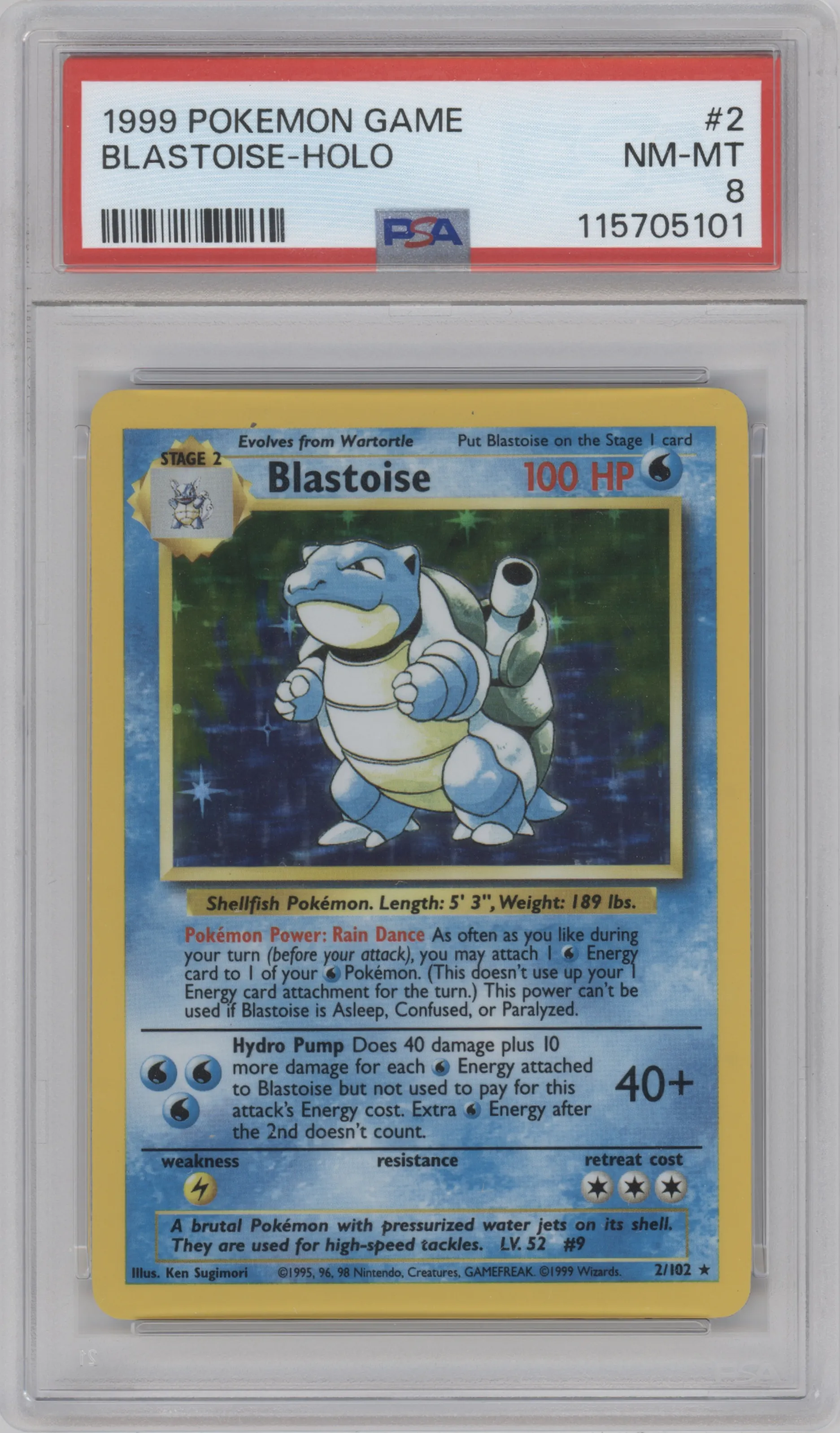 Blastoise from the 1999 Pokemon set graded by PSA and given an overall grade of 8.