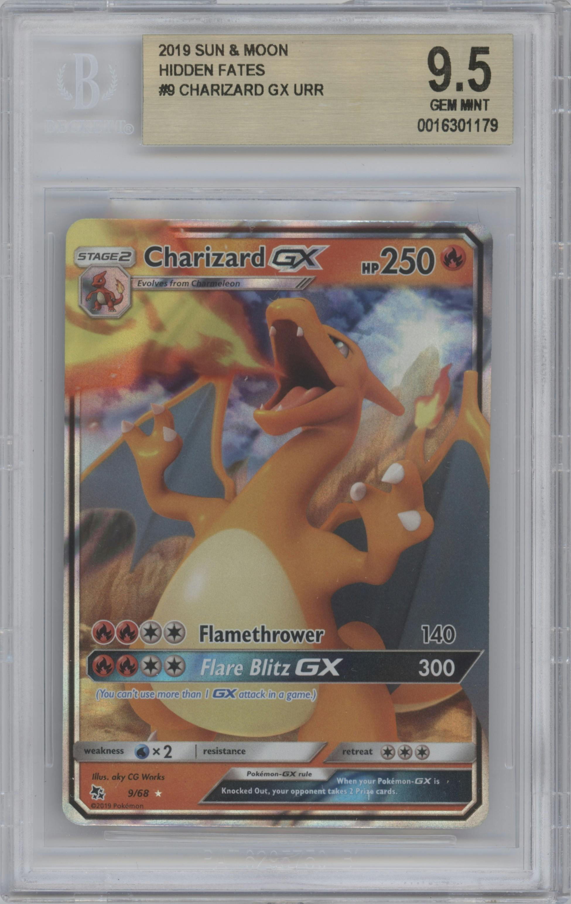 Charizard GX from the 2019 Pokemon S&M  set graded by Beckett and given an overall grade of 9.5.