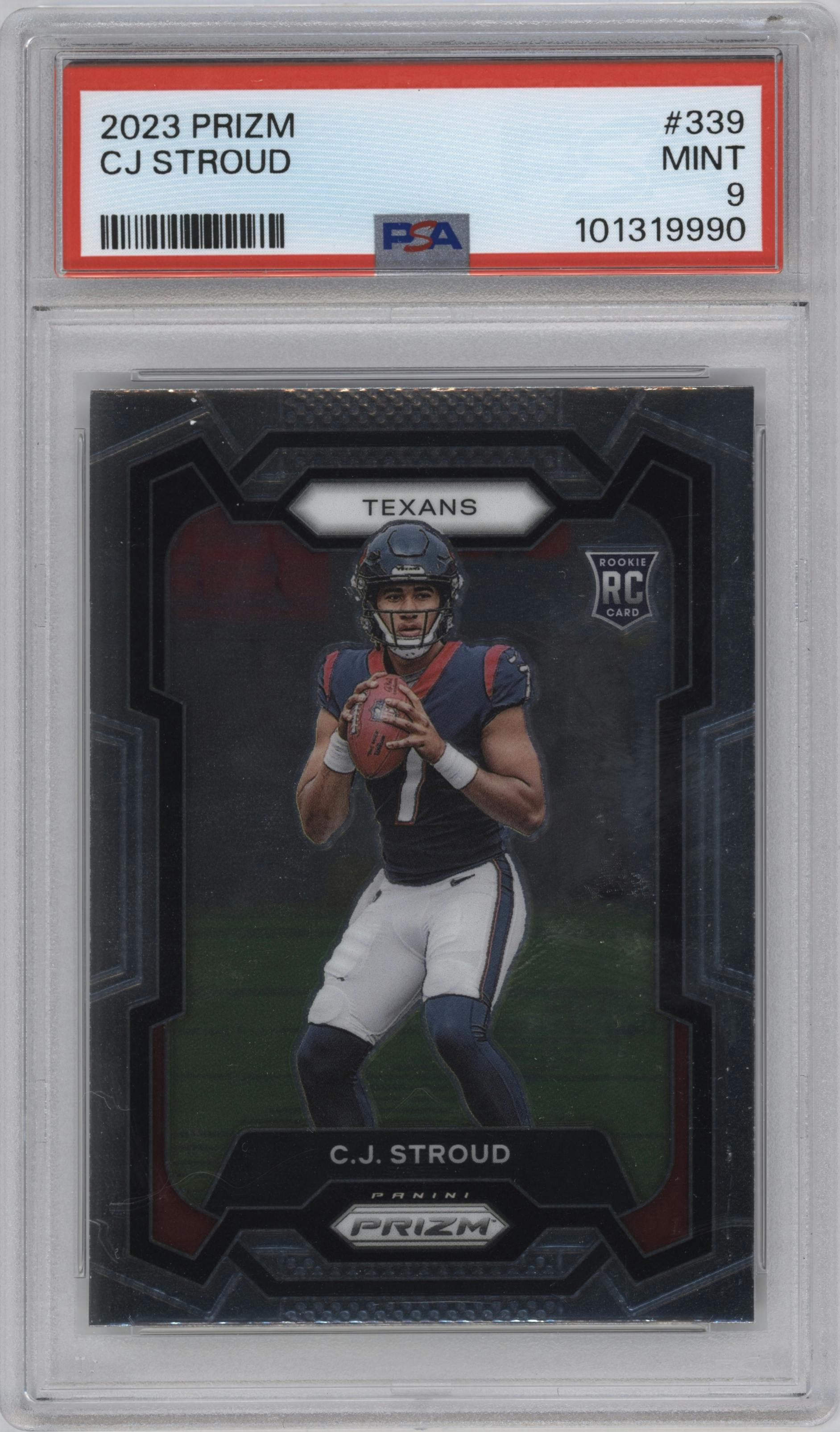 C.J. Stroud from the 2023 Panini Prizm set graded by PSA and given an overall grade of 9.