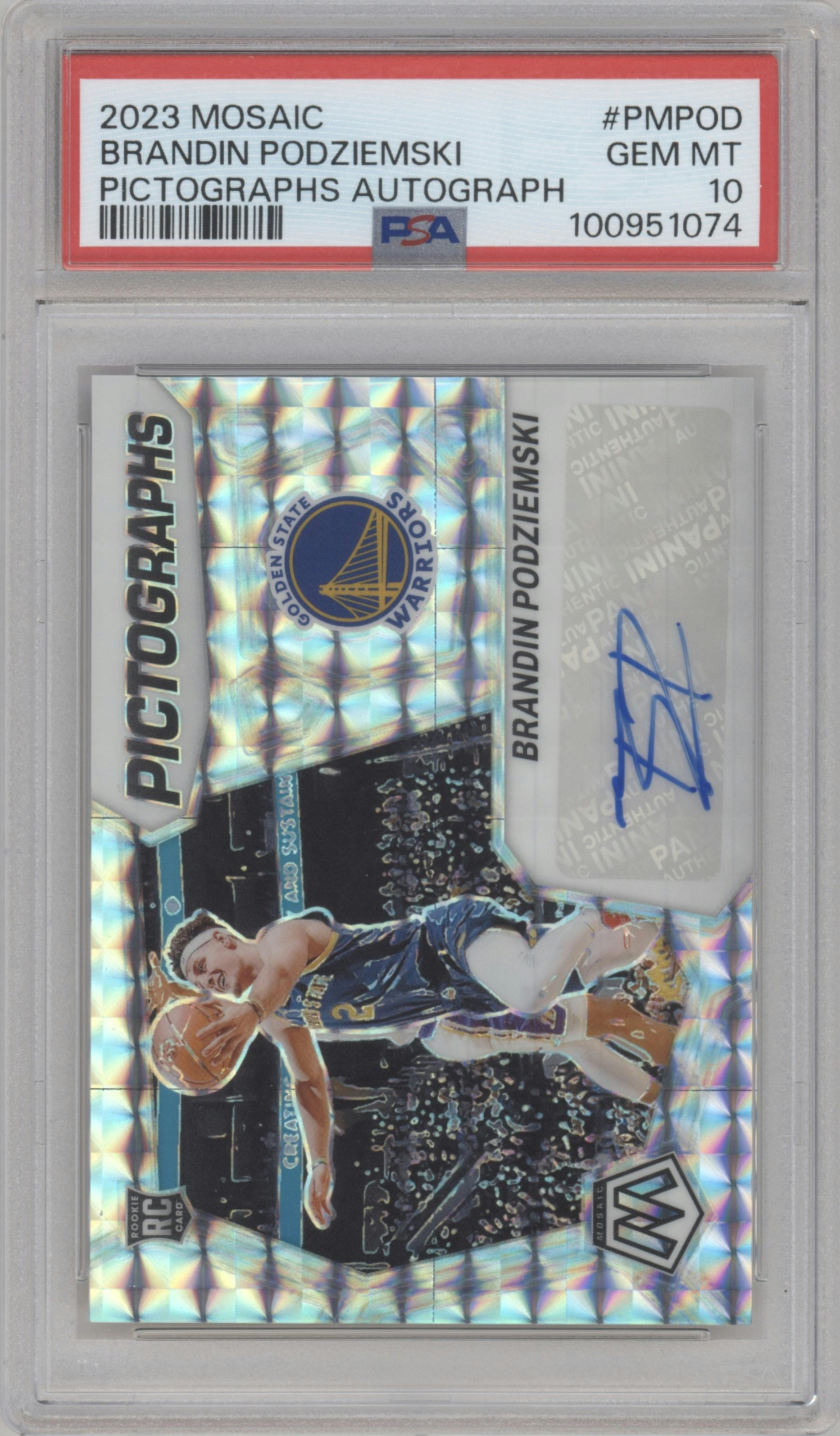 Brandin Podziemski from the 2023-24 Panini Mosaic set graded by PSA and given an overall grade of 10.