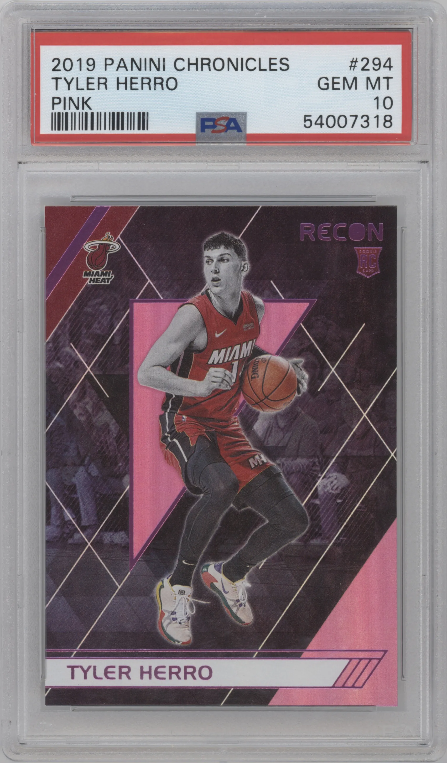 Tyler Herro from the 2019-20 Panini Chronicles  set featuring a Pink parallel graded by PSA and given an overall grade of 10.