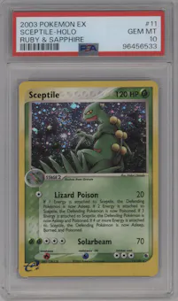 Sceptile from the 2003 Pokemon EX set graded by PSA and given an overall grade of 10.