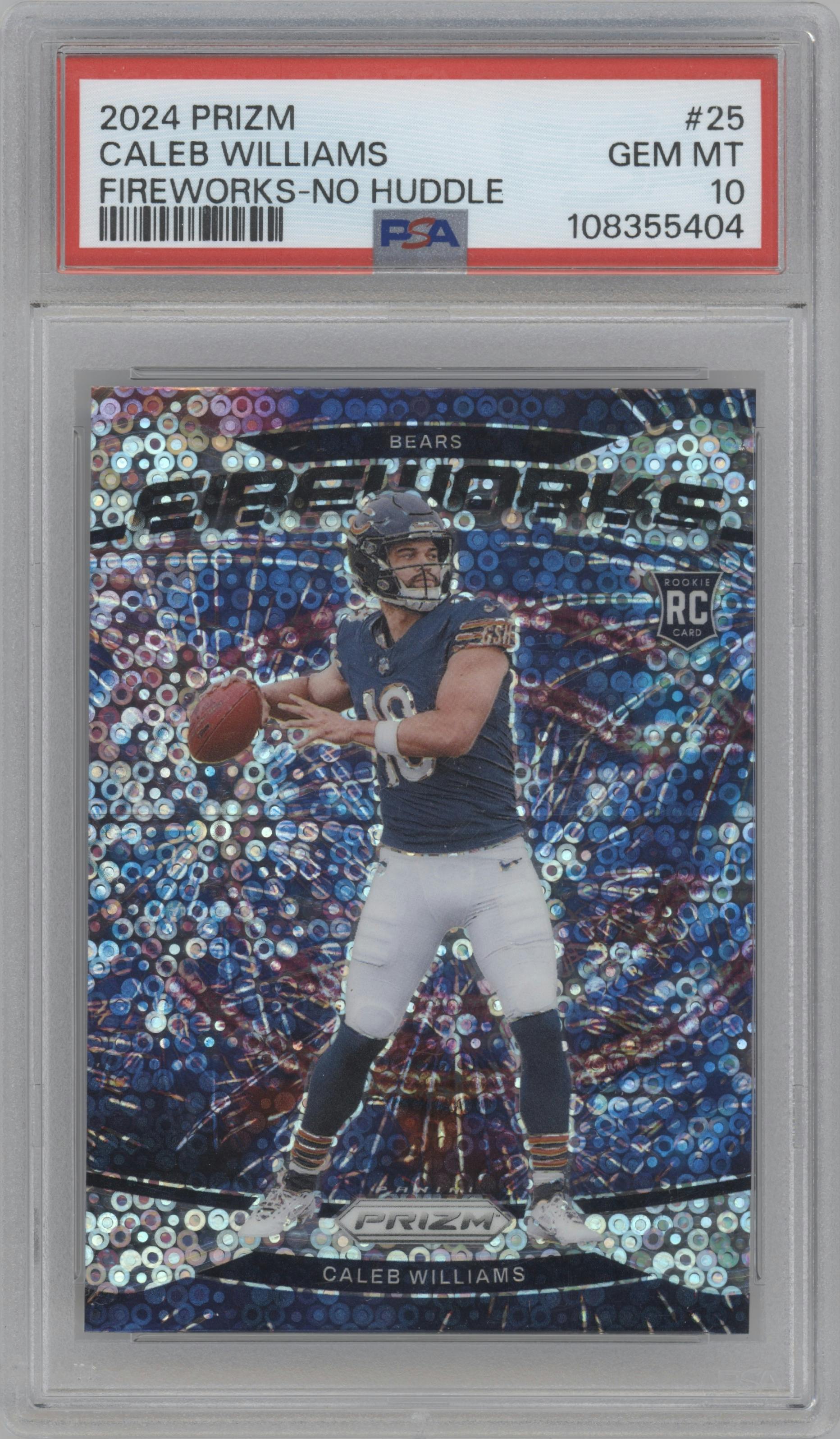 Caleb Williams from the 2024 Panini Prizm set featuring a No Huddle parallel graded by PSA and given an overall grade of 10.
