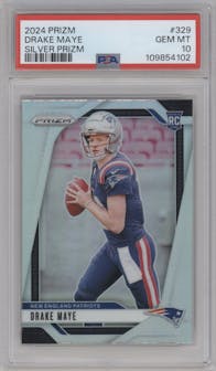 Drake Maye from the 2024 Panini Prizm set featuring a Silver Prizm parallel graded by PSA and given an overall grade of 10.